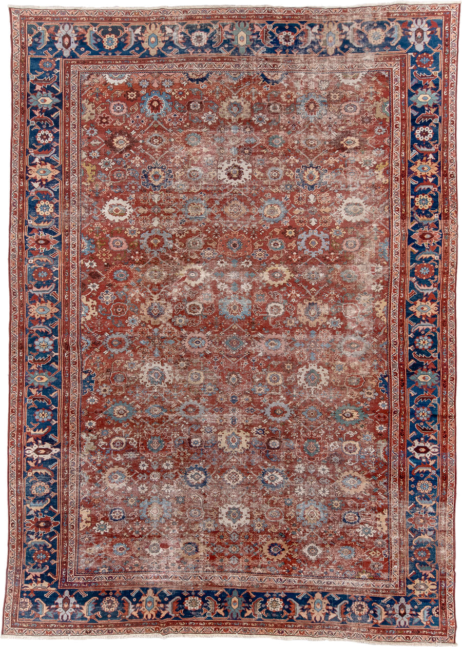 12' x 17' one-of-a-kind handmade vintage Sultanabad oversize rug. Color palette: rust, navy, ivory, sky blue, terracotta