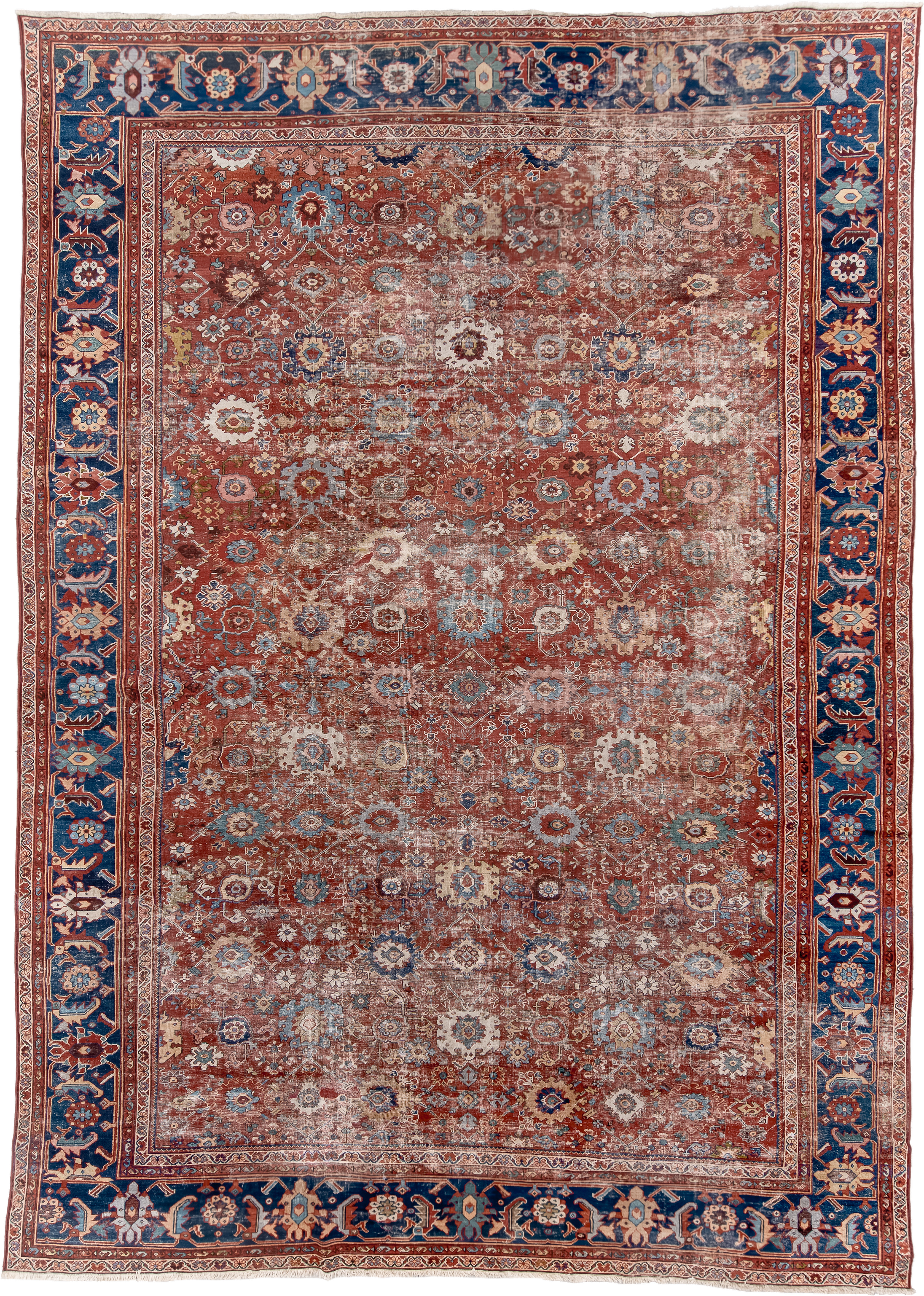12' x 17' one-of-a-kind handmade vintage Sultanabad oversize rug. Color palette: rust, navy, ivory, sky blue, terracotta