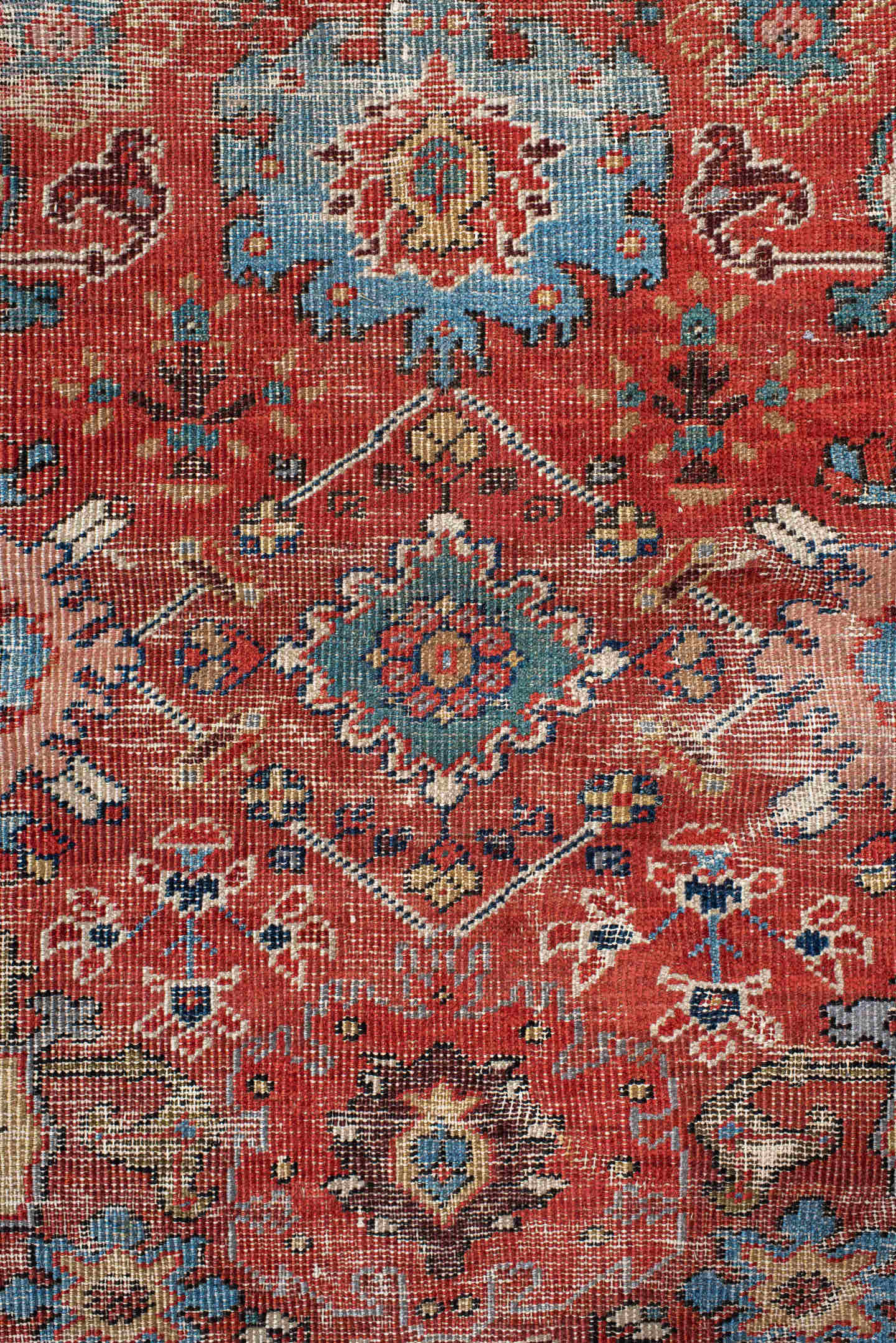 12' x 17' one-of-a-kind handmade vintage Sultanabad oversize rug. Color palette: rust, navy, ivory, sky blue, terracotta