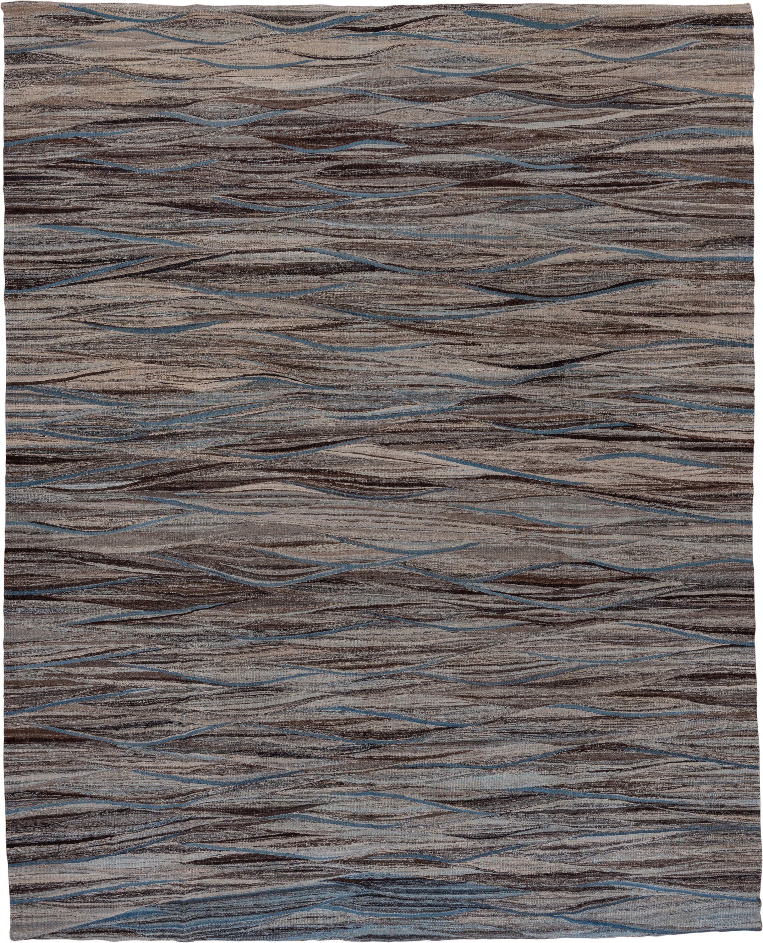 9' x 11' one-of-a-kind handmade vintage Kilim large size rug. Color palette: taupe, brown, gray, blue, charcoal, ivory