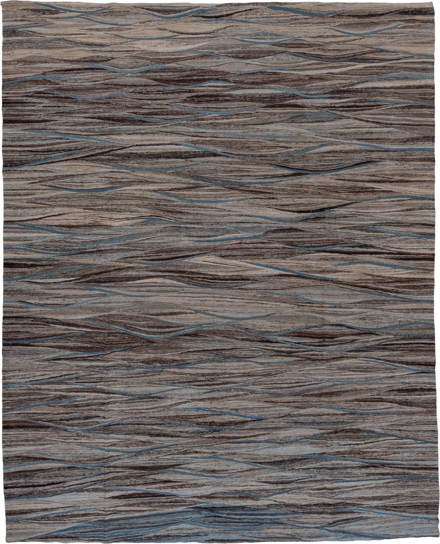 9' x 11' one-of-a-kind handmade vintage Kilim large size rug. Color palette: taupe, brown, gray, blue, charcoal, ivory