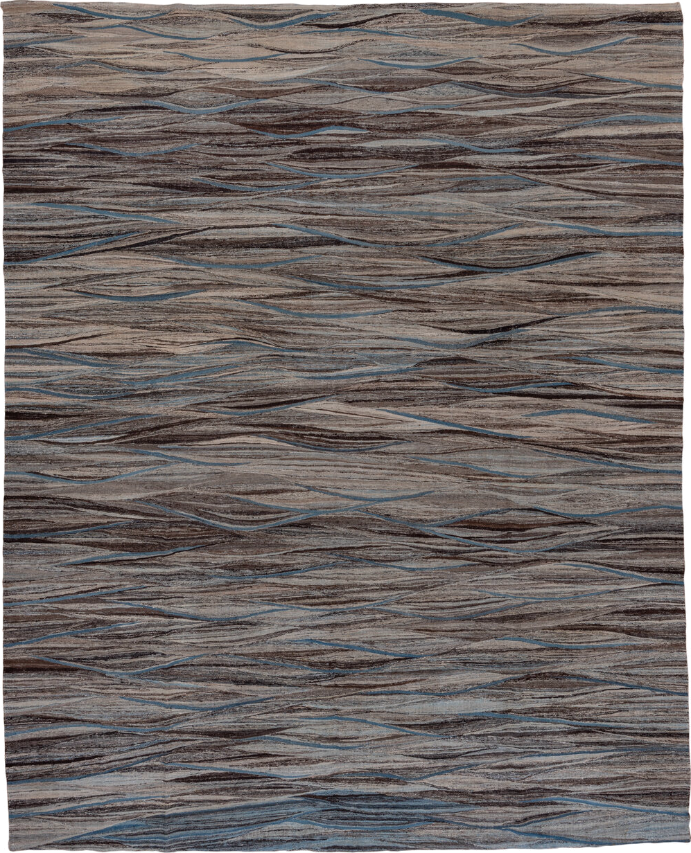 9' x 11' one-of-a-kind handmade vintage Kilim large size rug. Color palette: taupe, brown, gray, blue, charcoal, ivory