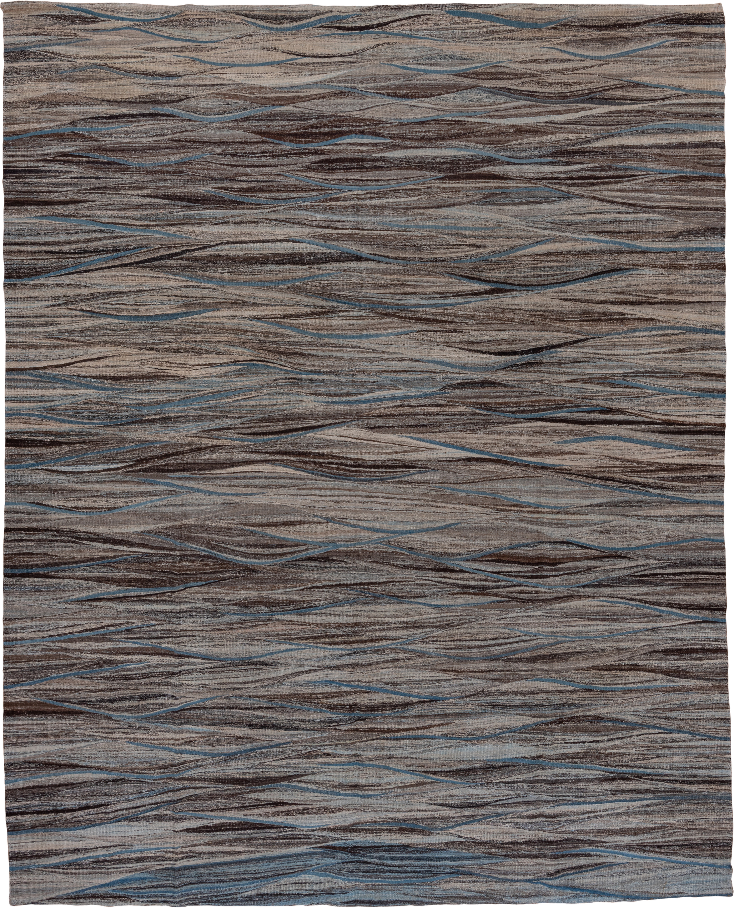 9' x 11' one-of-a-kind handmade vintage Kilim large size rug. Color palette: taupe, brown, gray, blue, charcoal, ivory