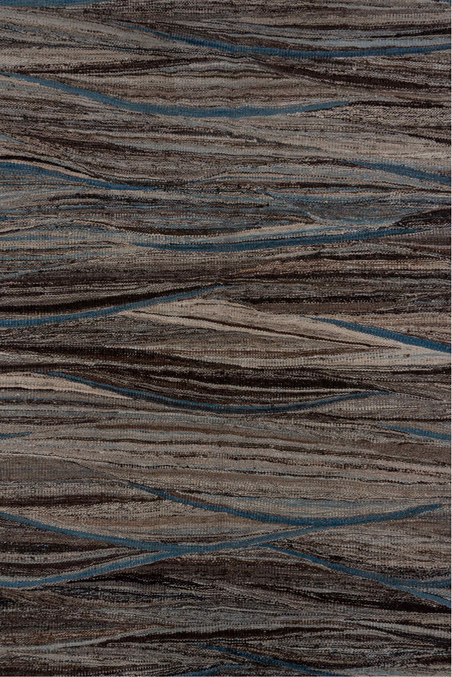 9' x 11' one-of-a-kind handmade vintage Kilim large size rug. Color palette: taupe, brown, gray, blue, charcoal, ivory