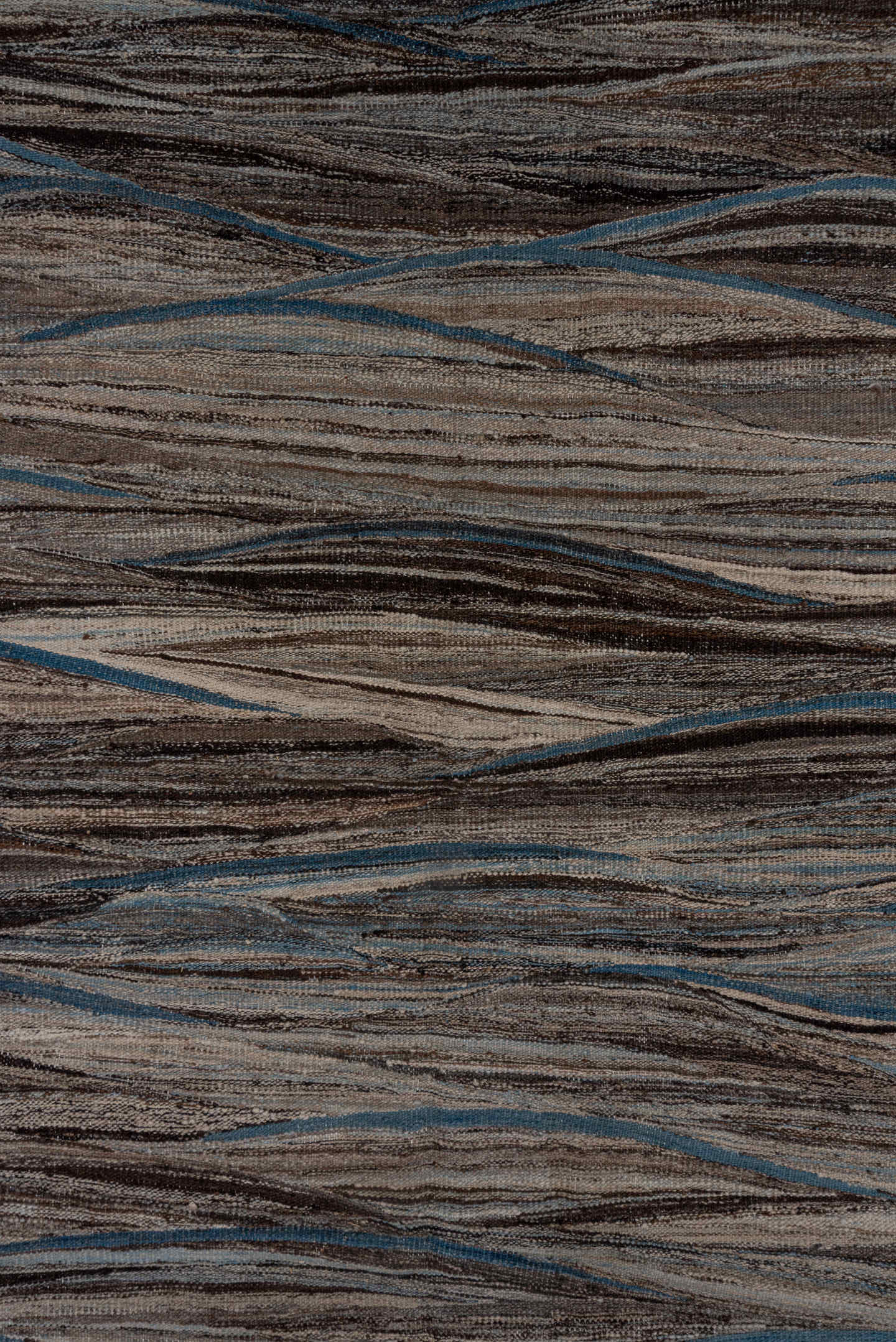 9' x 11' one-of-a-kind handmade vintage Kilim large size rug. Color palette: taupe, brown, gray, blue, charcoal, ivory