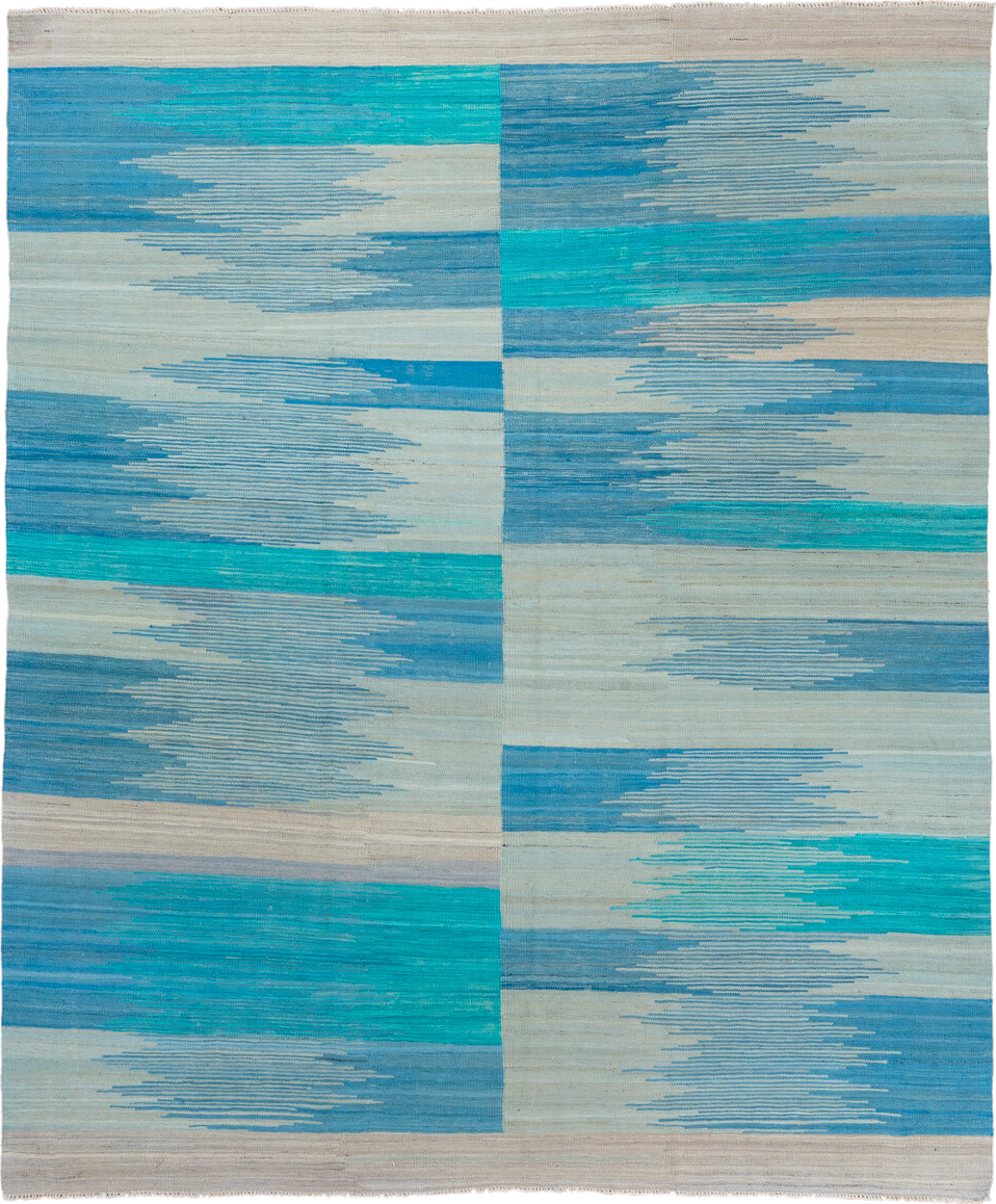 8' x 9' one-of-a-kind handmade vintage Kilim rug. Color palette: ivory, sky blue, turquoise, aqua, beige, light blue, teal