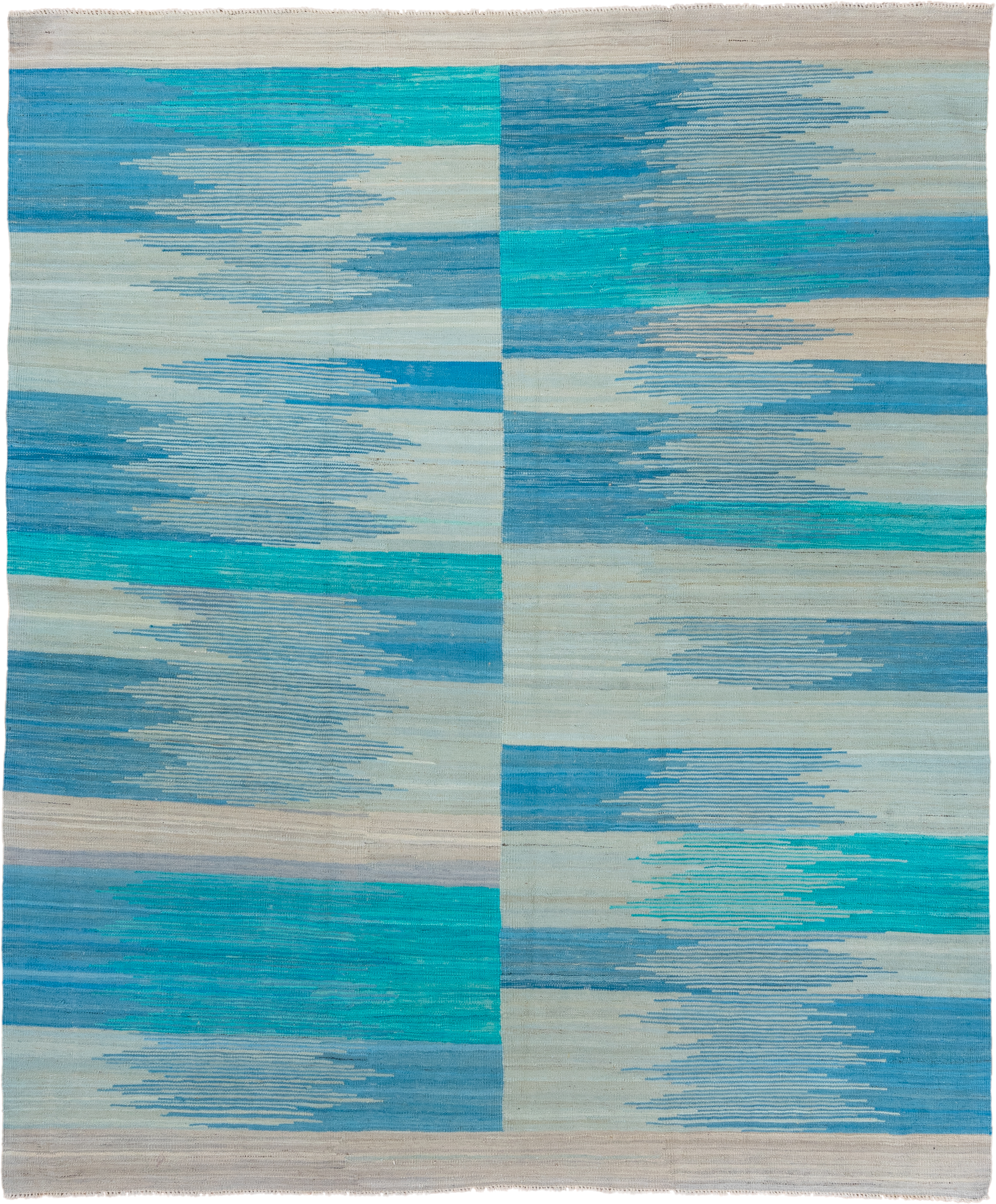 8' x 9' one-of-a-kind handmade vintage Kilim rug. Color palette: ivory, sky blue, turquoise, aqua, beige, light blue, teal