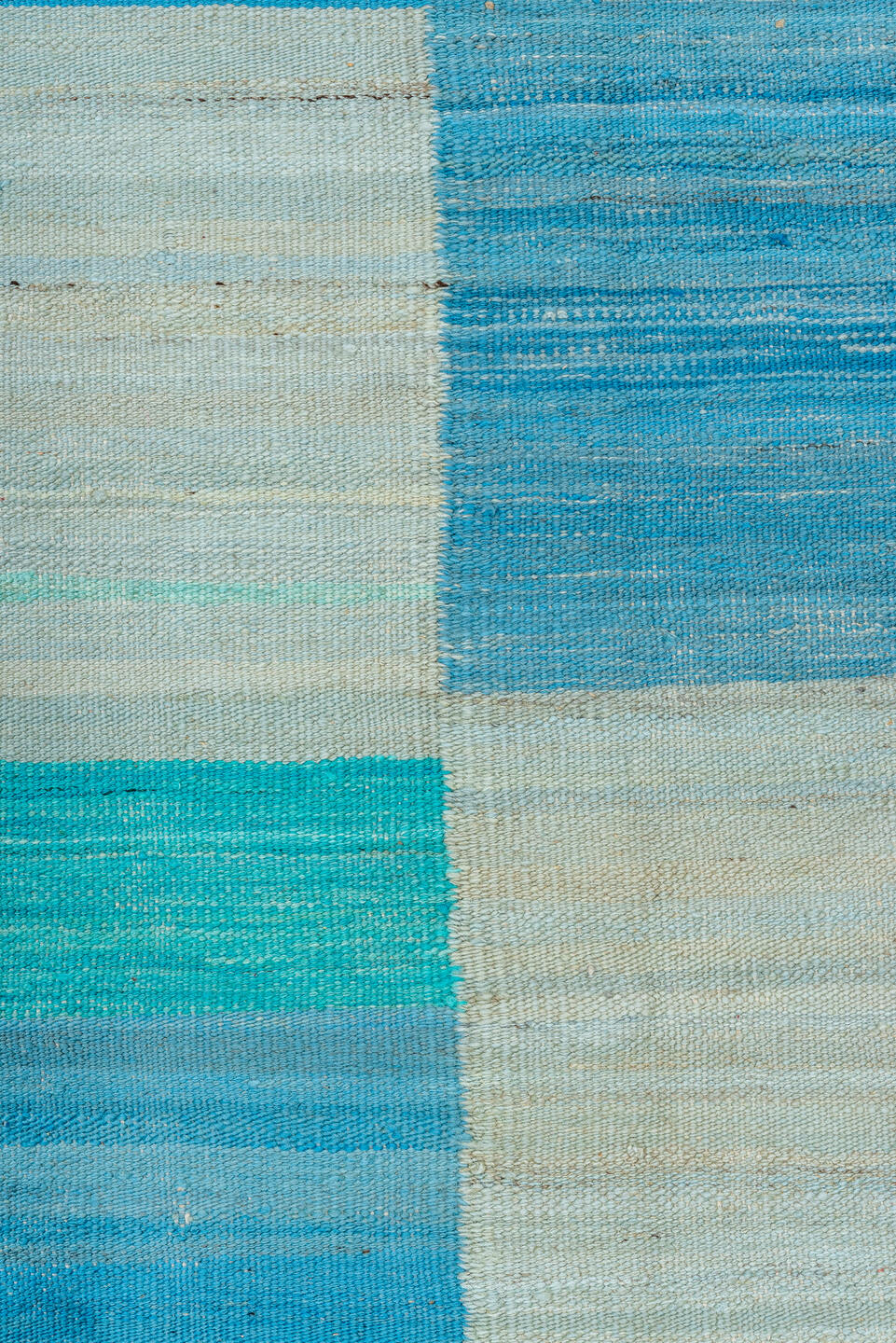 8' x 9' one-of-a-kind handmade vintage Kilim rug. Color palette: ivory, sky blue, turquoise, aqua, beige, light blue, teal