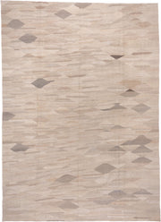 9' x 13' one-of-a-kind handmade vintage Kilim large size rug. Color palette: beige, ivory, taupe, sand, greige, gray