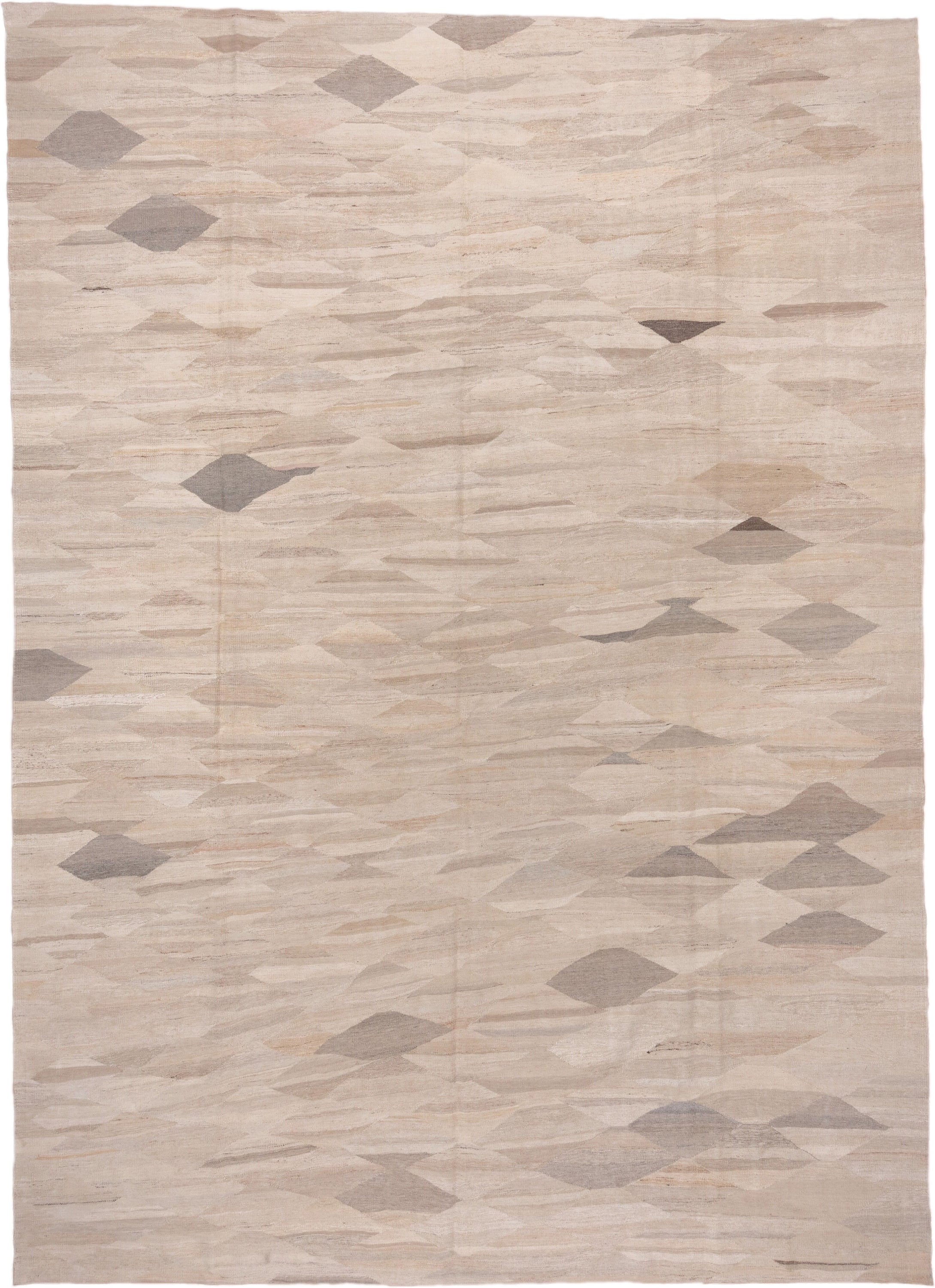 9' x 13' one-of-a-kind handmade vintage Kilim large size rug. Color palette: beige, ivory, taupe, sand, greige, gray