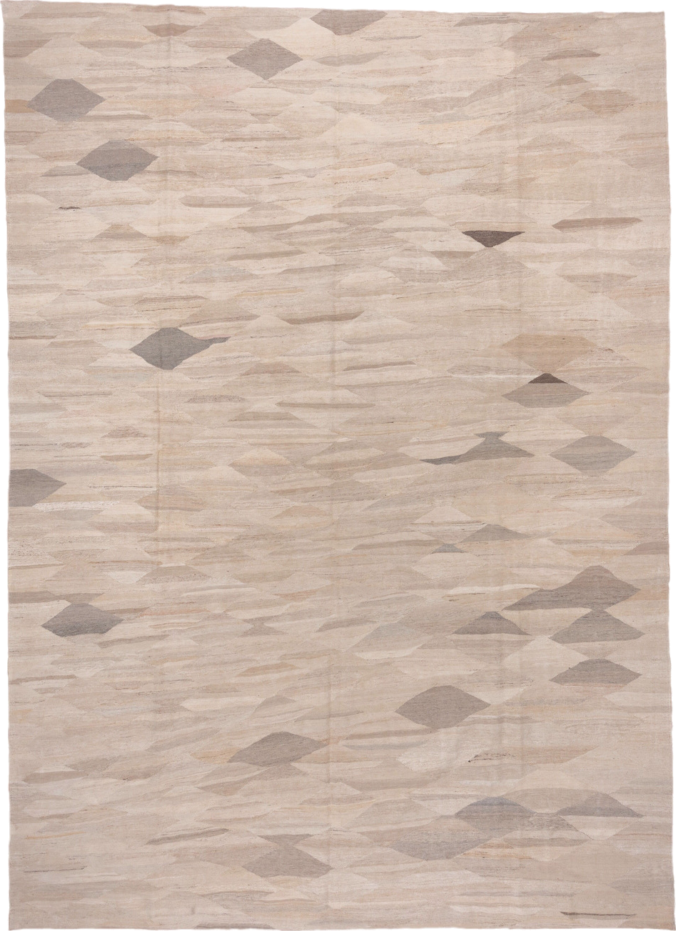9' x 13' one-of-a-kind handmade vintage Kilim large size rug. Color palette: beige, ivory, taupe, sand, greige, gray