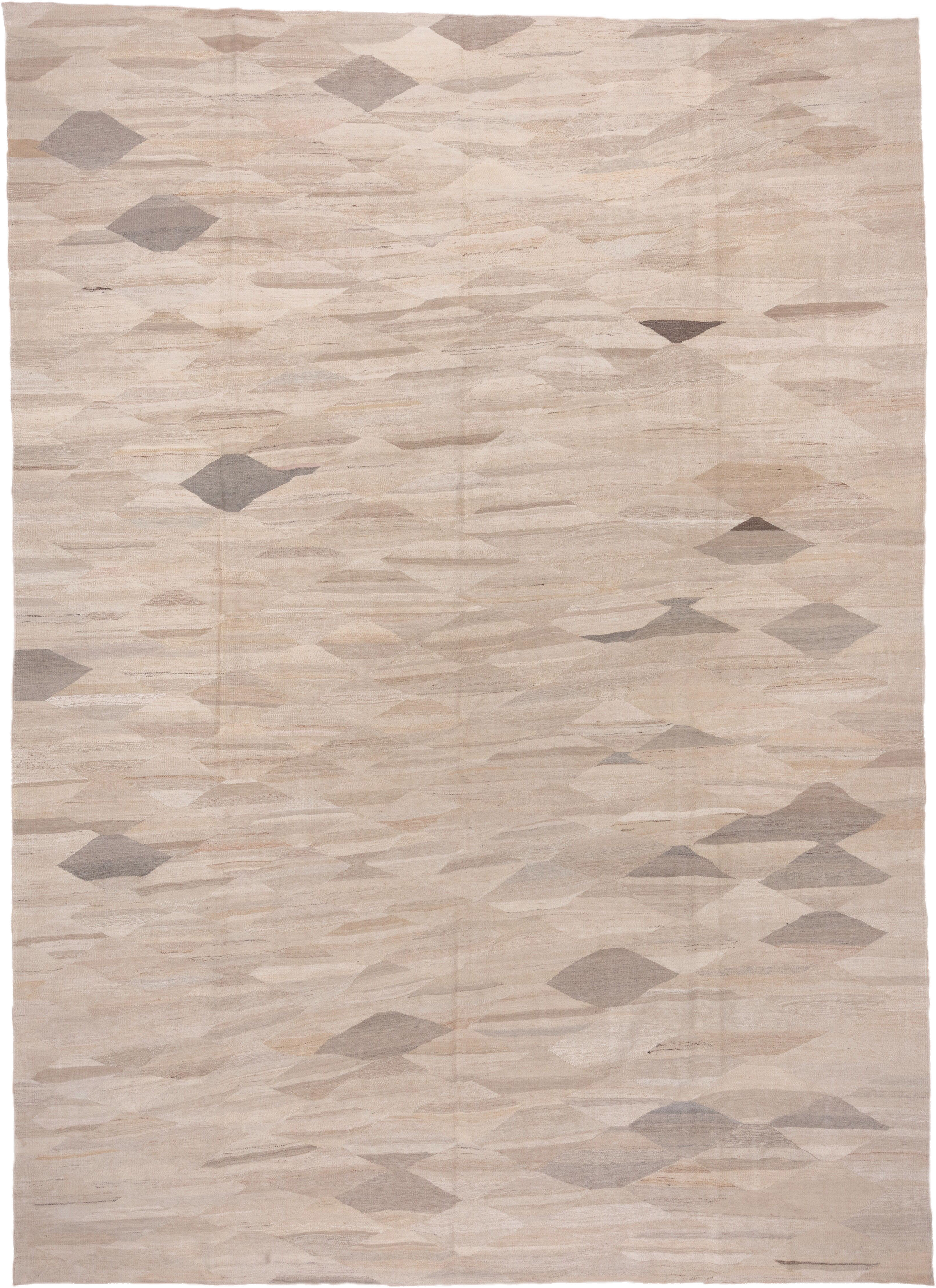 9' x 13' one-of-a-kind handmade vintage Kilim large size rug. Color palette: beige, ivory, taupe, sand, greige, gray