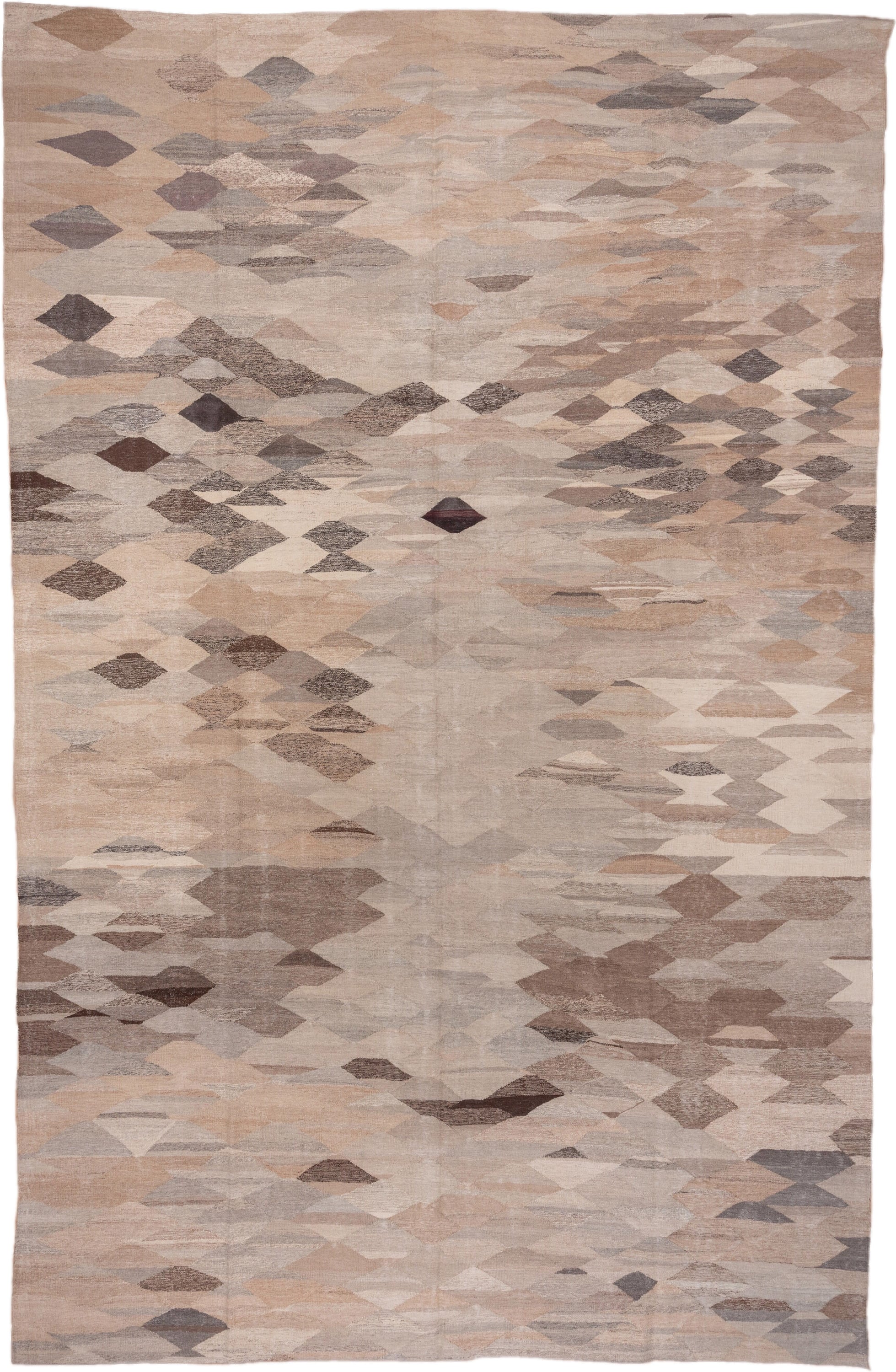 10' x 16' one-of-a-kind handmade vintage Kilim rug. Color palette: taupe, beige, ivory, brown, greige, camel, charcoal, rose