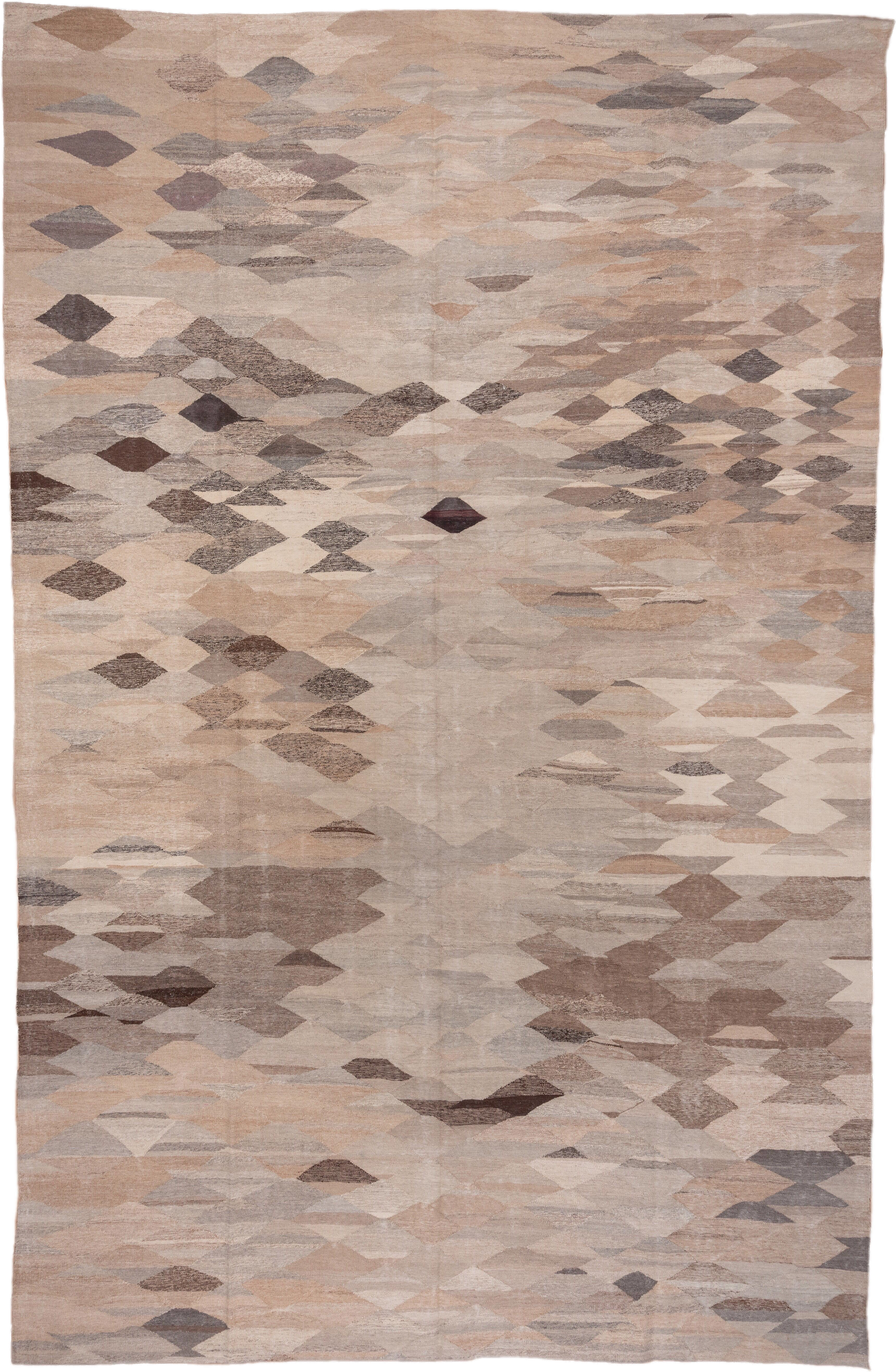 10' x 16' one-of-a-kind handmade vintage Kilim rug. Color palette: taupe, beige, ivory, brown, greige, camel, charcoal, rose