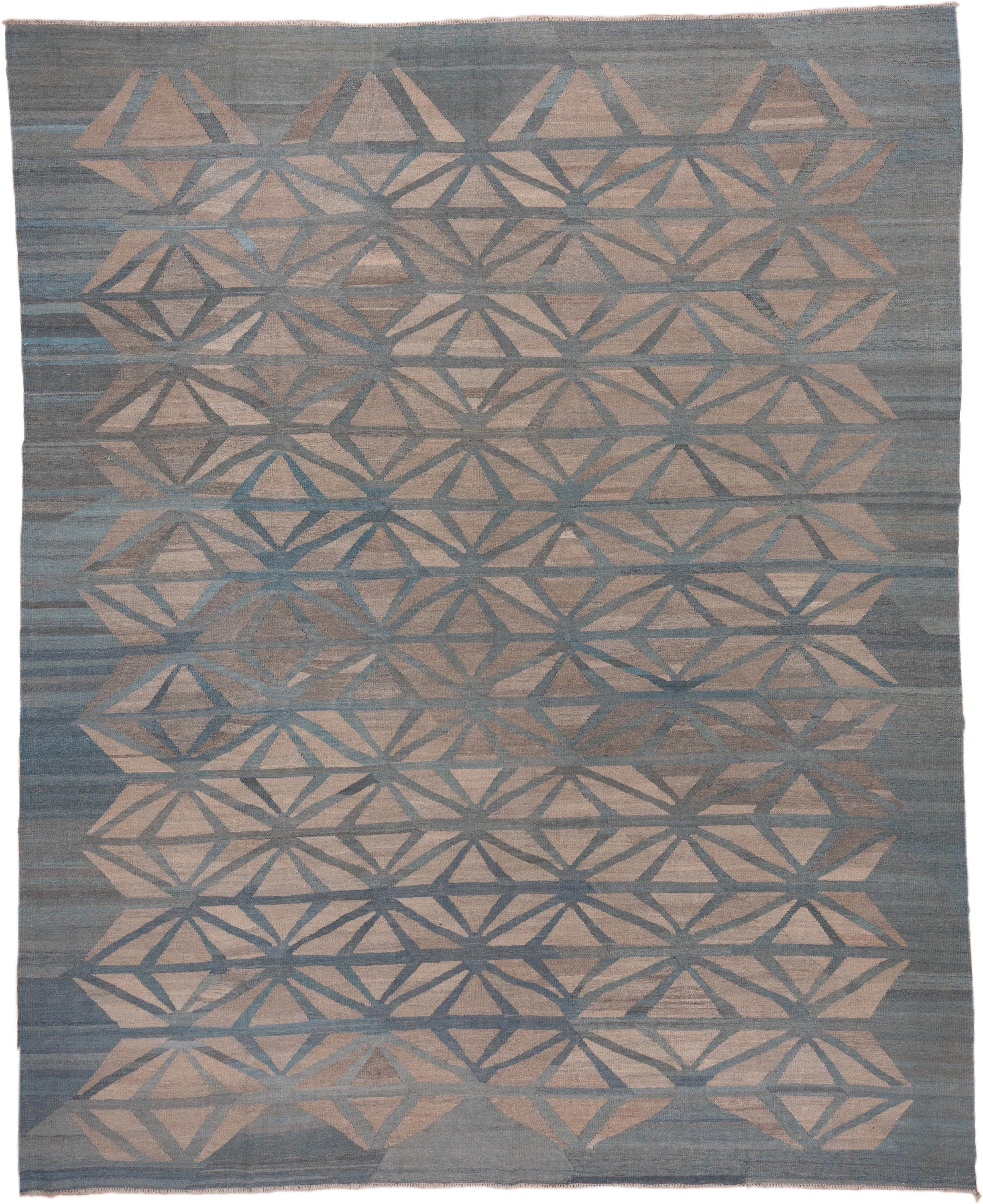 10' x 12' one-of-a-kind handmade vintage Kilim large size rug. Color palette: blue_gray, taupe, slate, dusty_rose, ivory