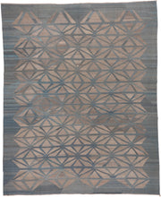 10' x 12' one-of-a-kind handmade vintage Kilim large size rug. Color palette: blue_gray, taupe, slate, dusty_rose, ivory