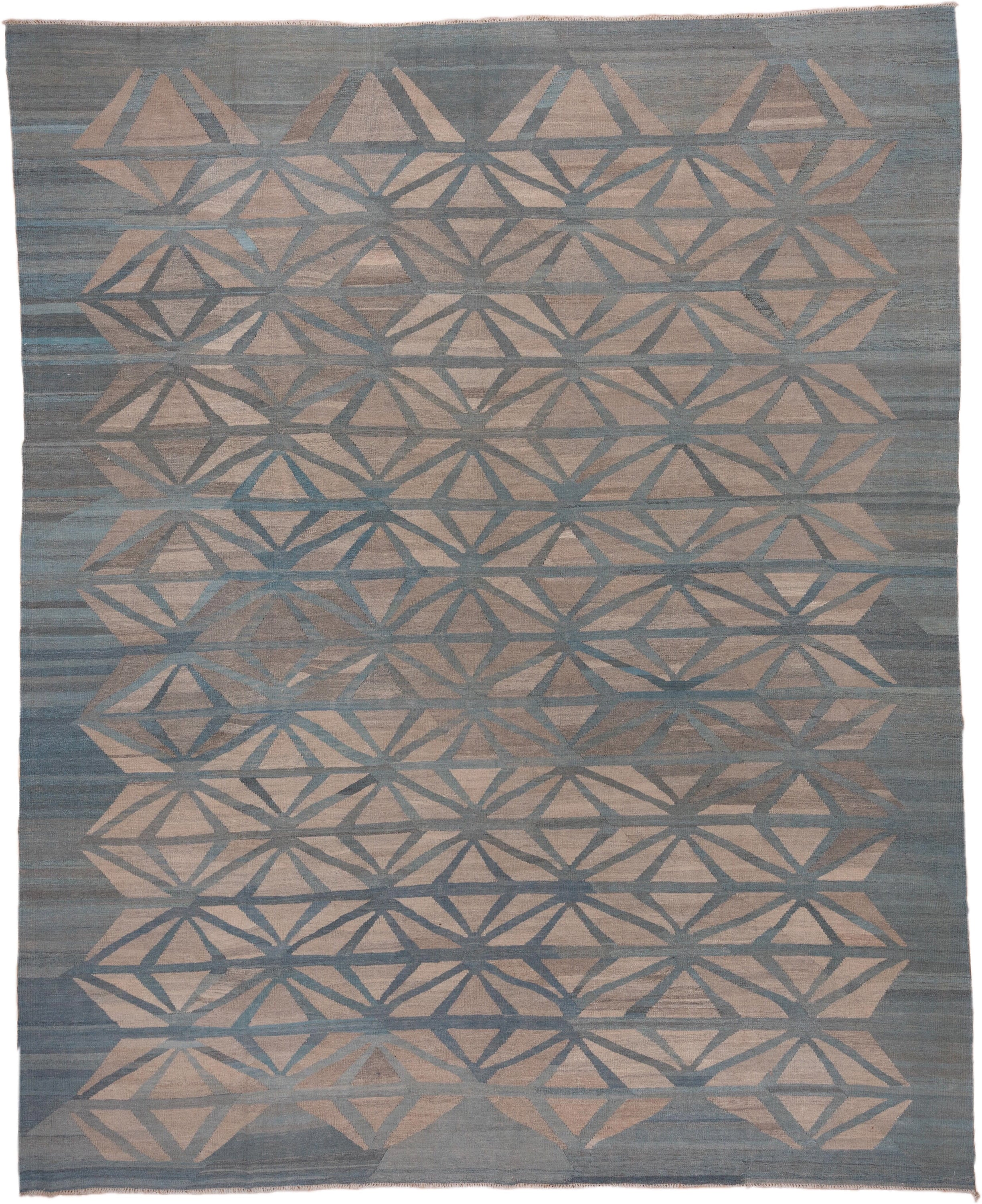 10' x 12' one-of-a-kind handmade vintage Kilim large size rug. Color palette: blue_gray, taupe, slate, dusty_rose, ivory