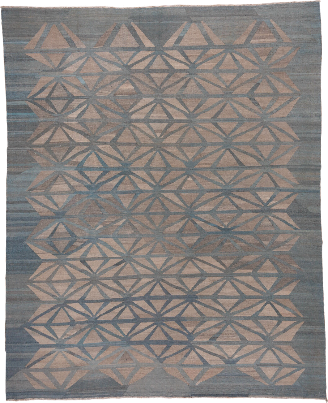 10' x 12' one-of-a-kind handmade vintage Kilim large size rug. Color palette: blue_gray, taupe, slate, dusty_rose, ivory