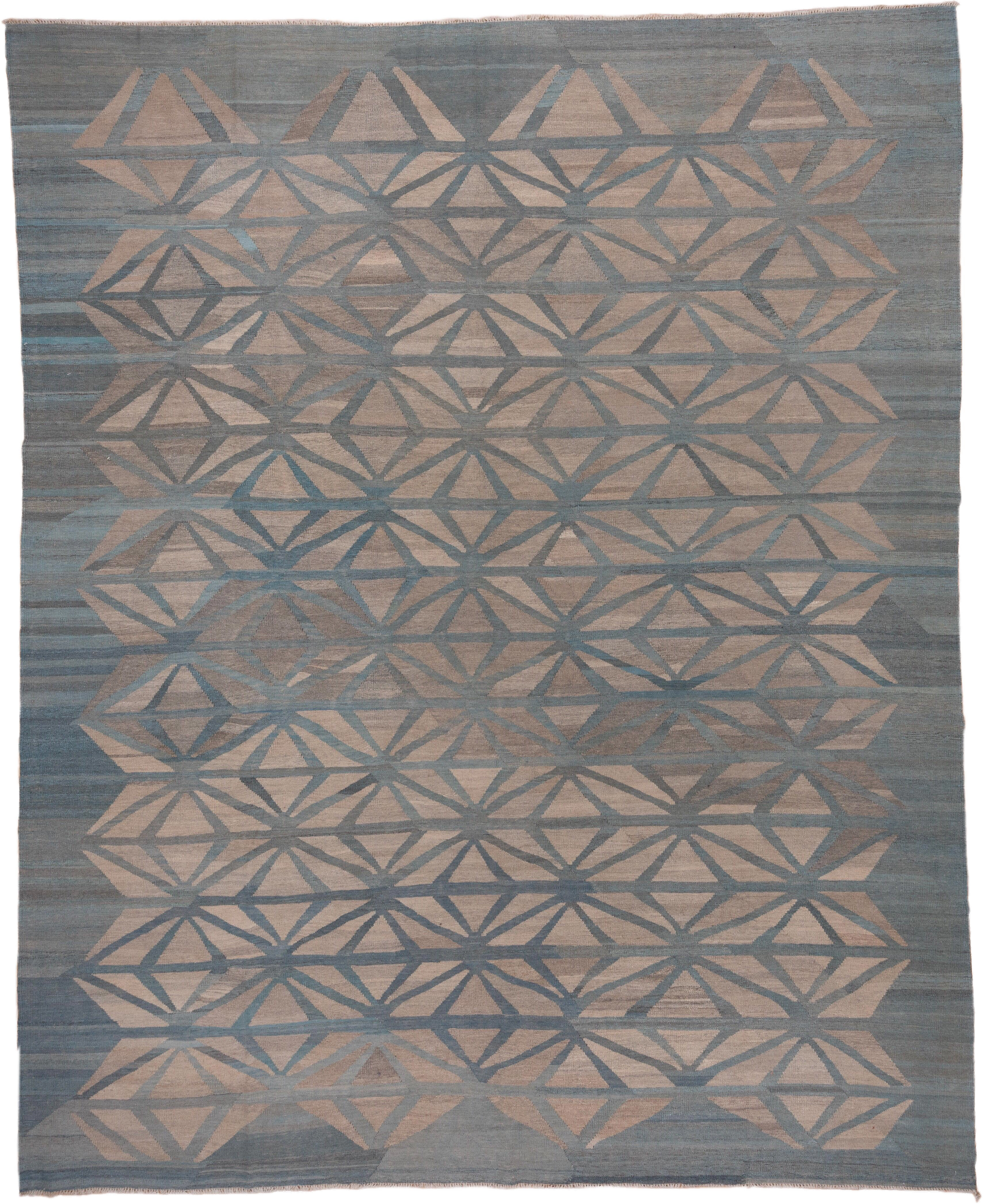 10' x 12' one-of-a-kind handmade vintage Kilim large size rug. Color palette: blue_gray, taupe, slate, dusty_rose, ivory