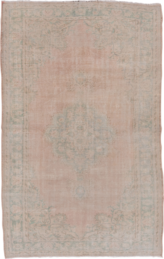 5' x 9' one-of-a-kind handmade vintage Sparta medium size rug. Color palette: blush, ivory, sage, cream, taupe, pink, green