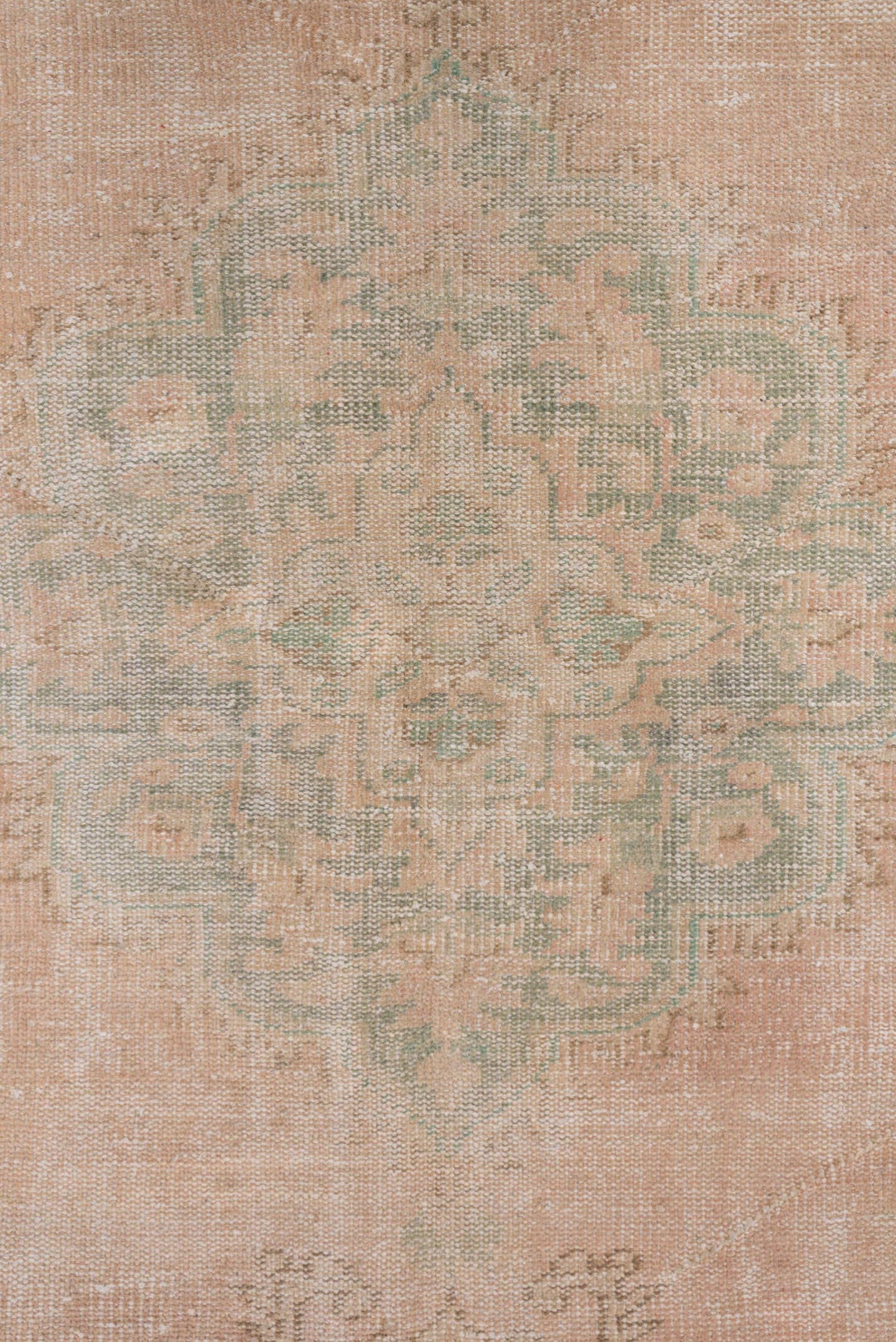 5' x 9' one-of-a-kind handmade vintage Sparta medium size rug. Color palette: blush, ivory, sage, cream, taupe, pink, green