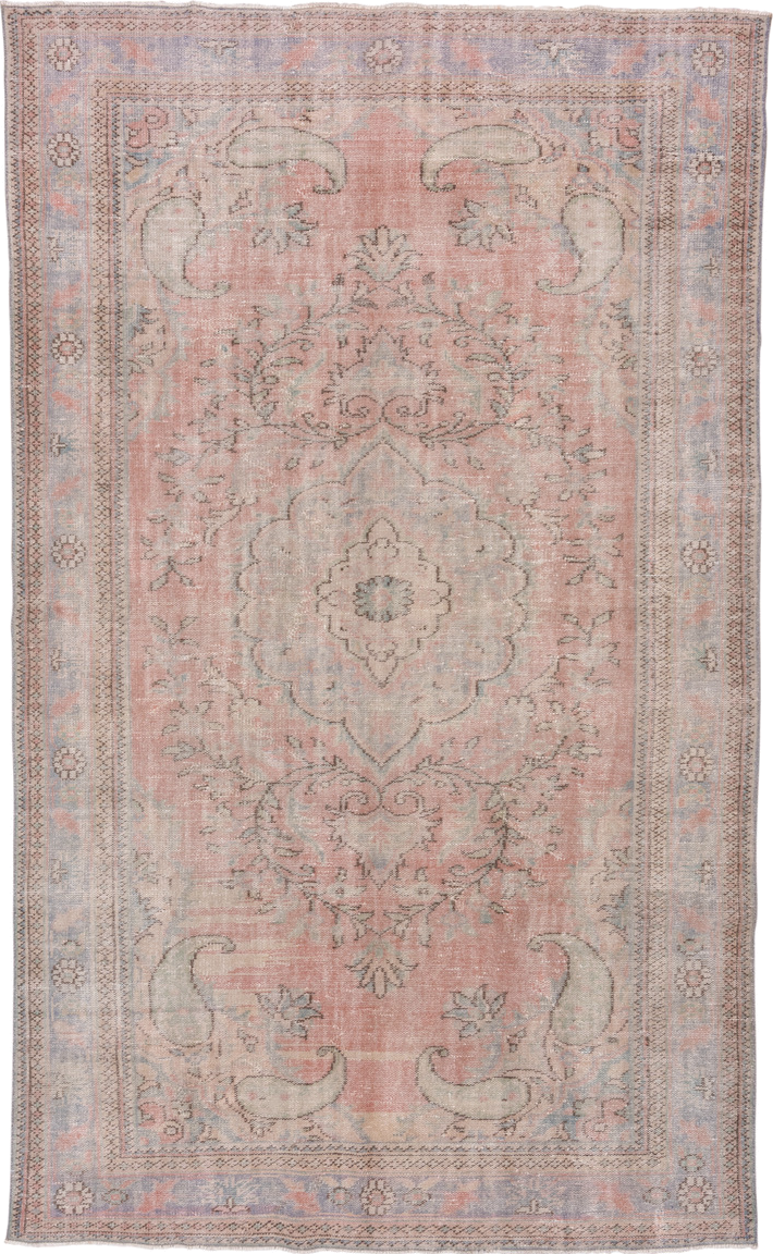 6' x 10' one-of-a-kind handmade vintage Sparta large size rug. Color palette: blush, pale blue, ivory, taupe, sage