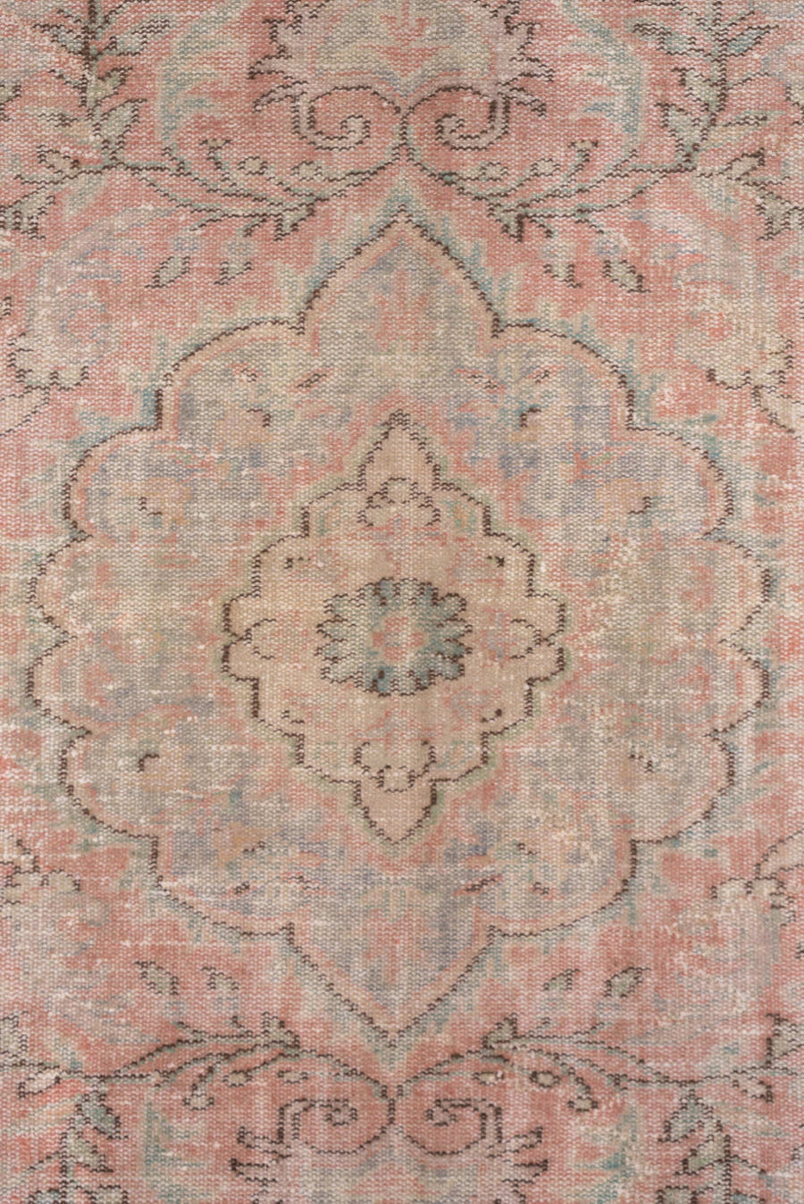 6' x 10' one-of-a-kind handmade vintage Sparta large size rug. Color palette: blush, pale blue, ivory, taupe, sage