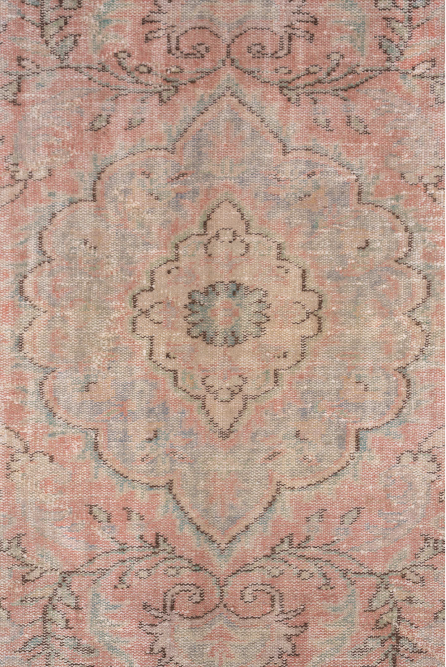 6' x 10' one-of-a-kind handmade vintage Sparta large size rug. Color palette: blush, pale blue, ivory, taupe, sage