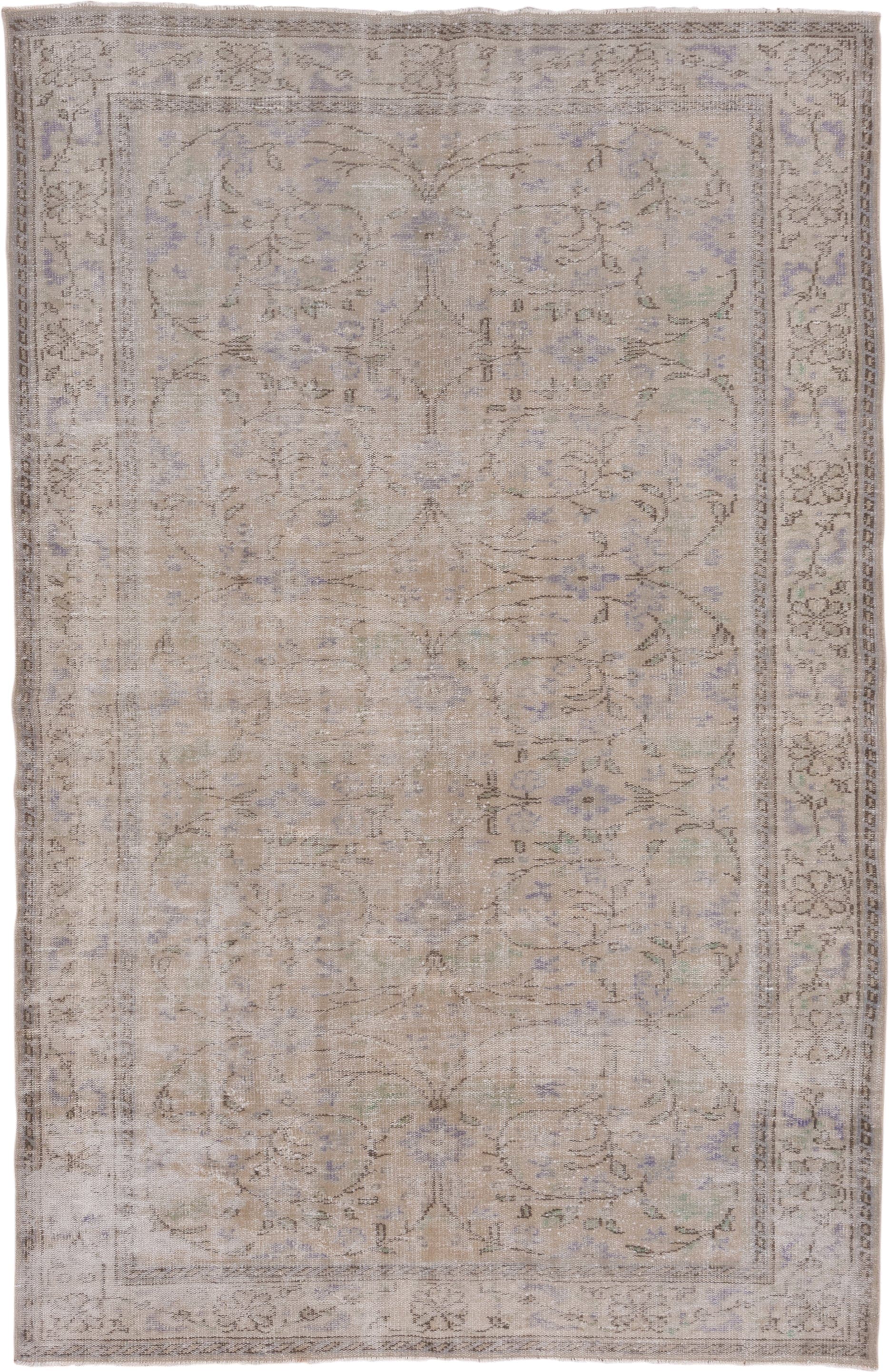 6' x 9' one-of-a-kind handmade vintage Sparta medium size rug. Color palette: taupe, beige, ivory, lavender, sage, brown