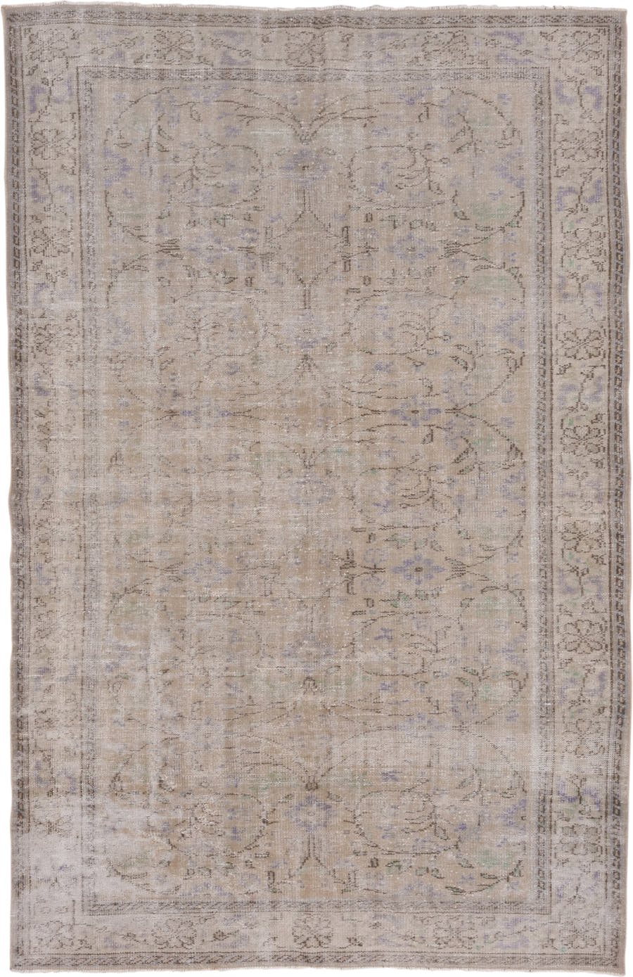 6' x 9' one-of-a-kind handmade vintage Sparta medium size rug. Color palette: taupe, beige, ivory, lavender, sage, brown