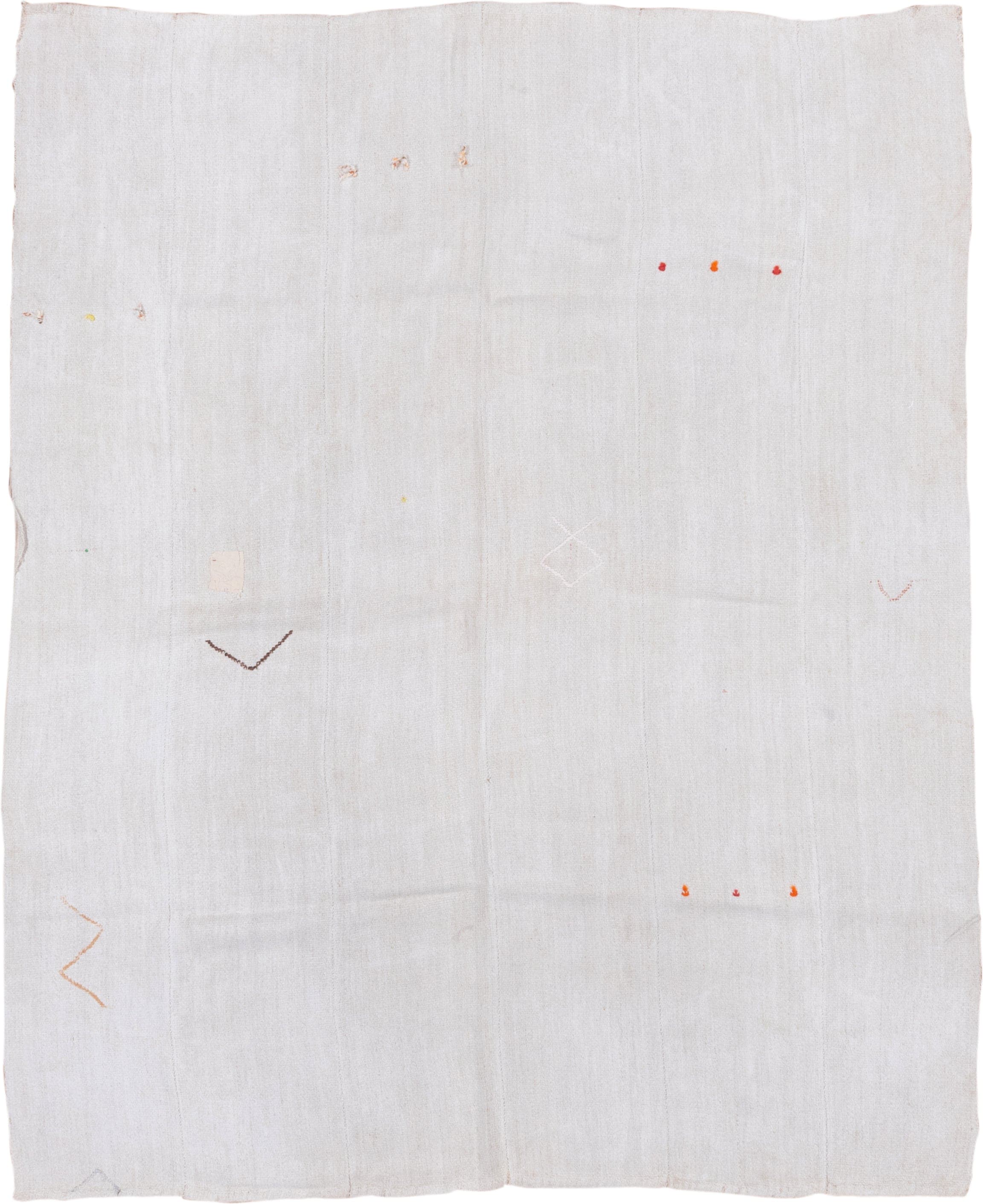 7' x 8' one-of-a-kind handmade vintage Hemp Kilim rug. Color palette: ivory, cream, taupe, rust, orange, brown, pale peach