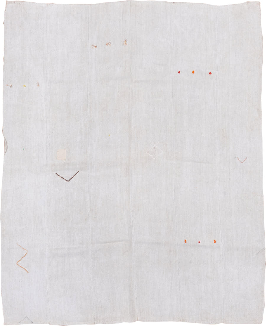 7' x 8' one-of-a-kind handmade vintage Hemp Kilim rug. Color palette: ivory, cream, taupe, rust, orange, brown, pale peach