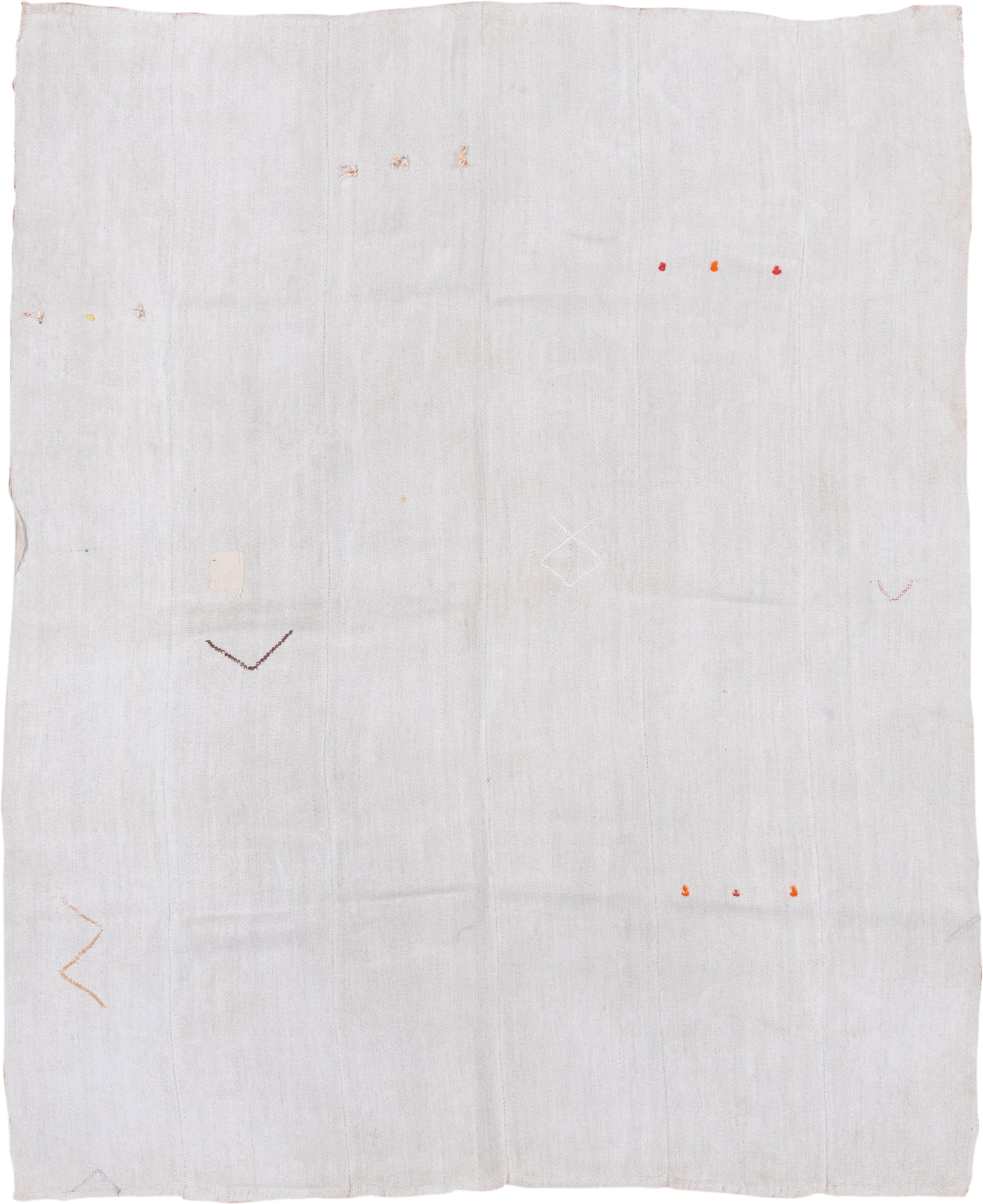 7' x 8' one-of-a-kind handmade vintage Hemp Kilim rug. Color palette: ivory, cream, taupe, rust, orange, brown, pale peach