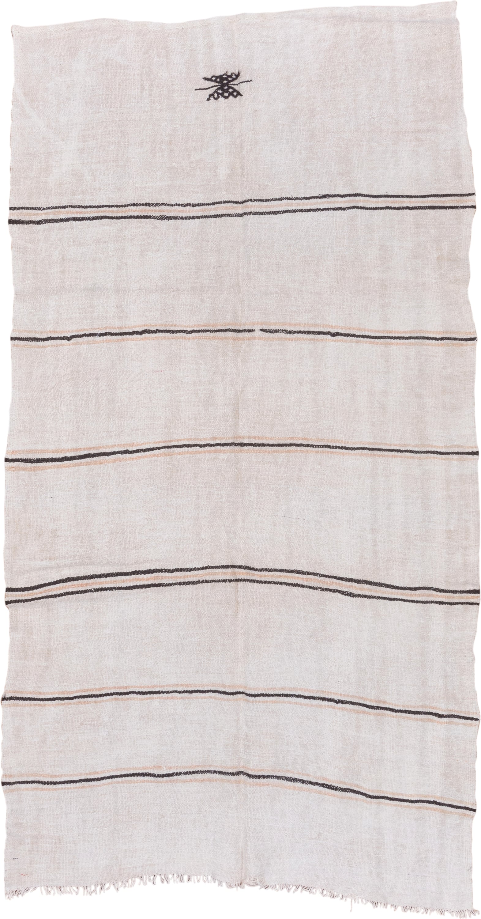 5' x 11' one-of-a-kind handmade vintage Hemp Kilim runner rug. Color palette: ivory, charcoal, taupe, cream, gray, black