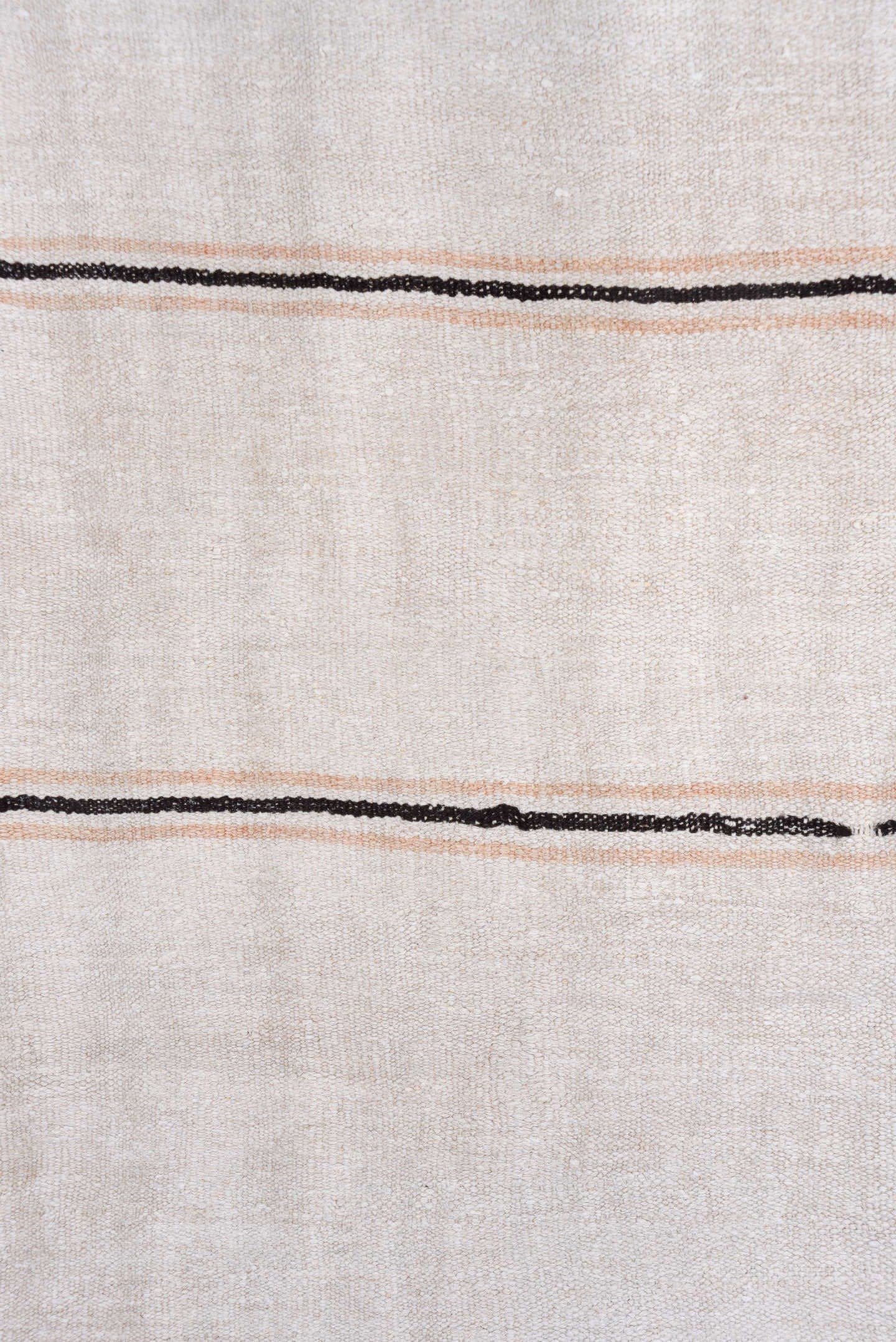 5' x 11' one-of-a-kind handmade vintage Hemp Kilim runner rug. Color palette: ivory, charcoal, taupe, cream, gray, black