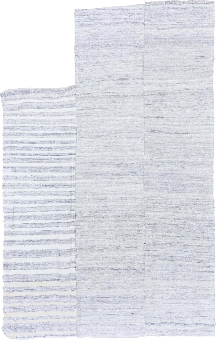7' x 11' one-of-a-kind handmade vintage Hemp Kilim large size rug. Color palette: ivory, pale blue, light gray, light blue