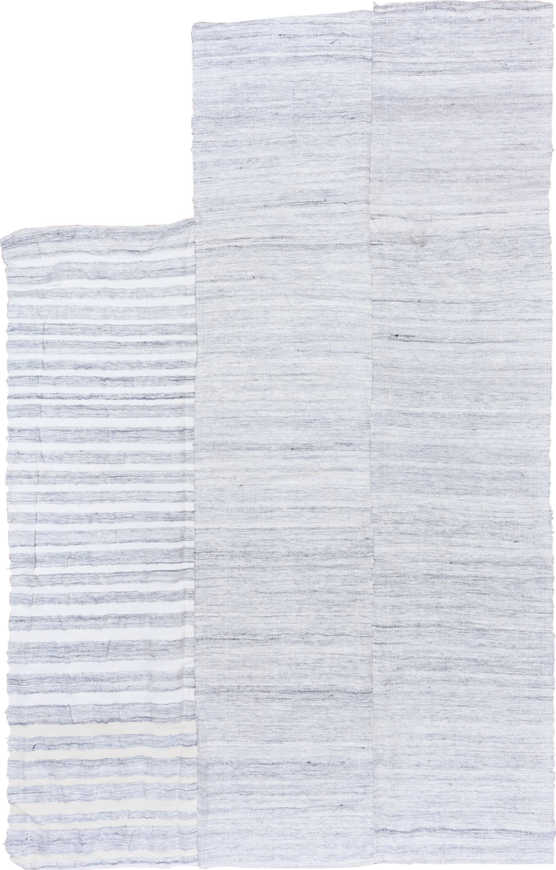 7' x 11' one-of-a-kind handmade vintage Hemp Kilim large size rug. Color palette: ivory, pale blue, light gray, light blue