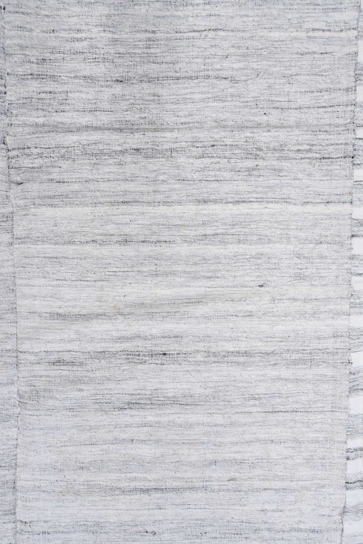 7' x 11' one-of-a-kind handmade vintage Hemp Kilim large size rug. Color palette: ivory, pale blue, light gray, light blue