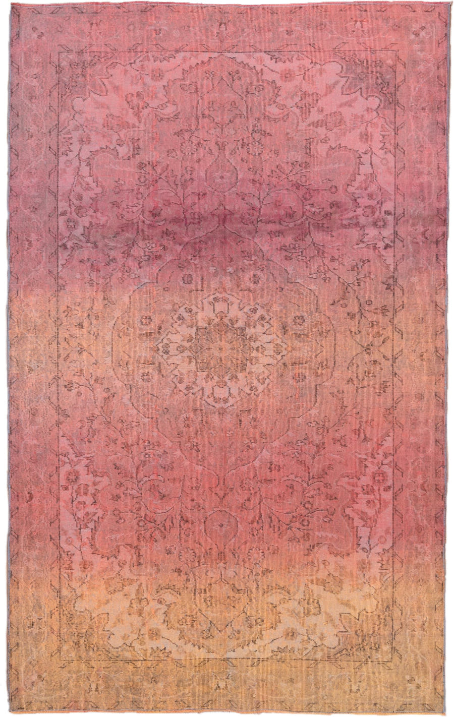 5' x 9' one-of-a-kind handmade vintage Sparta medium size rug. Color palette: rose, blush, apricot, gold, terra cotta, taupe