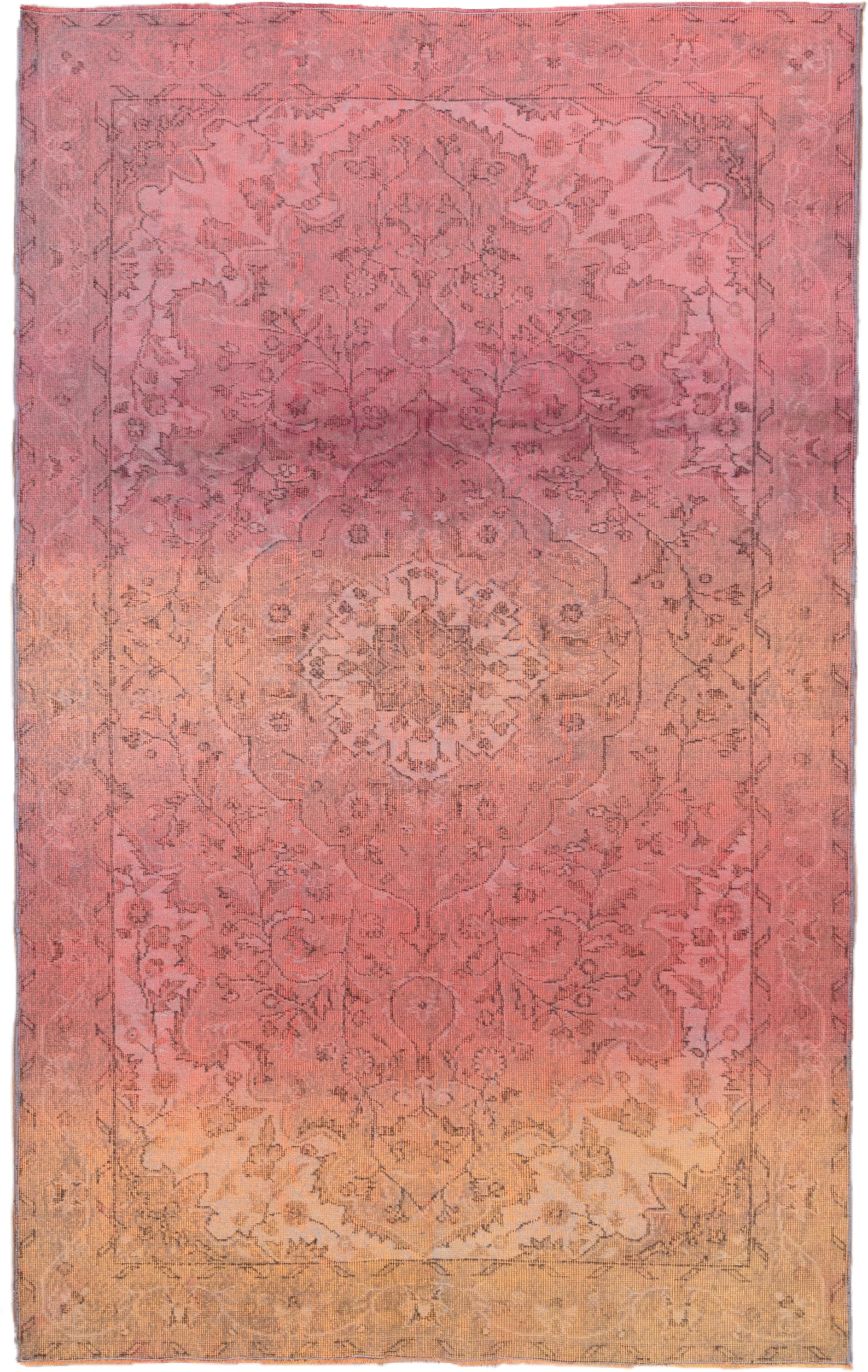 5' x 9' one-of-a-kind handmade vintage Sparta medium size rug. Color palette: rose, blush, apricot, gold, terra cotta, taupe