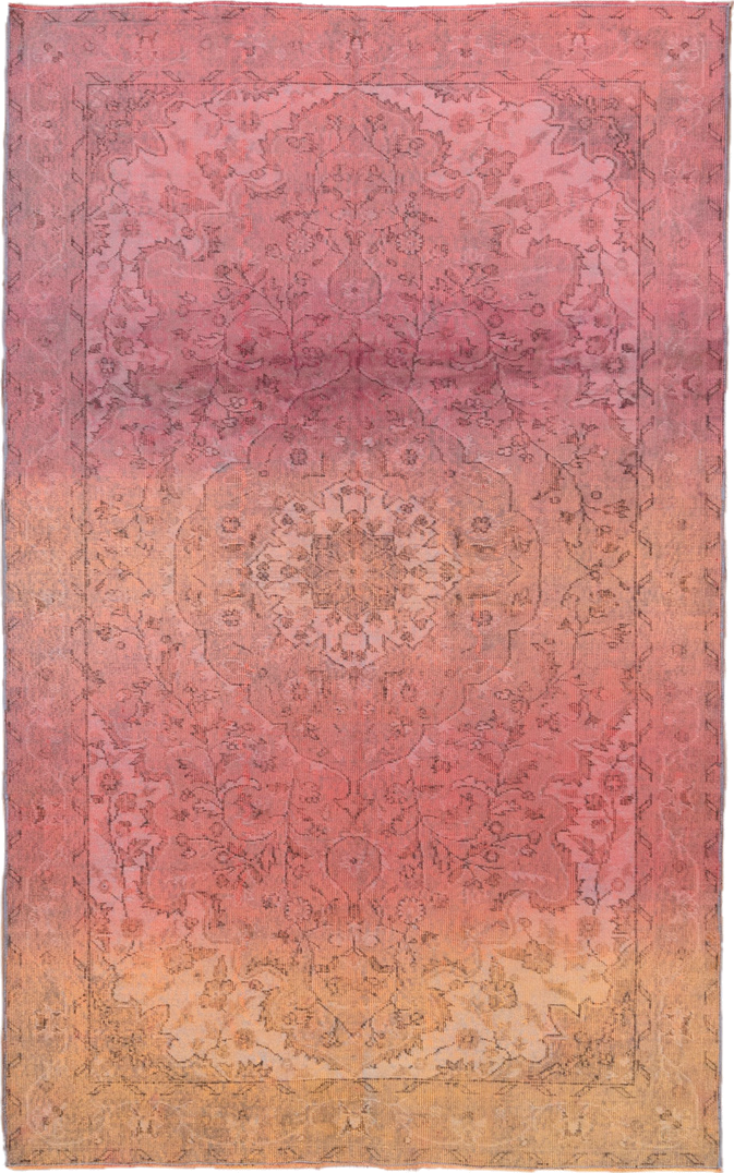 5' x 9' one-of-a-kind handmade vintage Sparta medium size rug. Color palette: rose, blush, apricot, gold, terra cotta, taupe