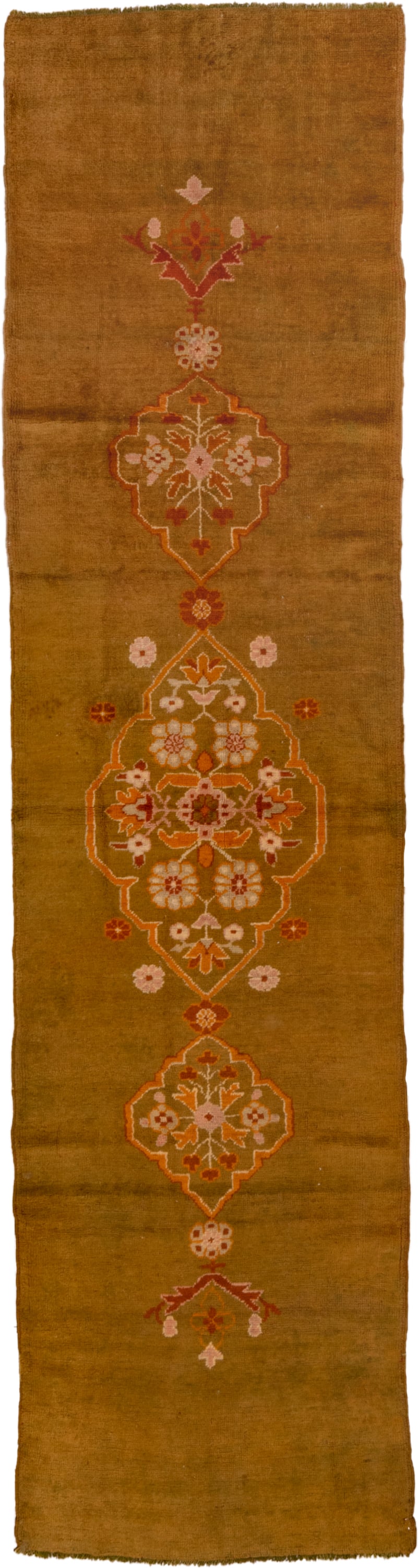3' x 11' one-of-a-kind handmade antique Oushak runner rug. Color palette: camel, gold, rust, ivory, blush, sage, beige
