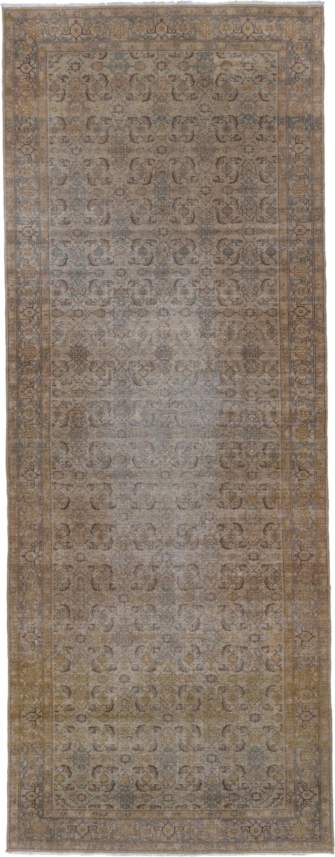 4' x 12' one-of-a-kind handmade antique Sivas runner rug. Color palette: taupe, beige, ivory, gold, slate, camel, brown