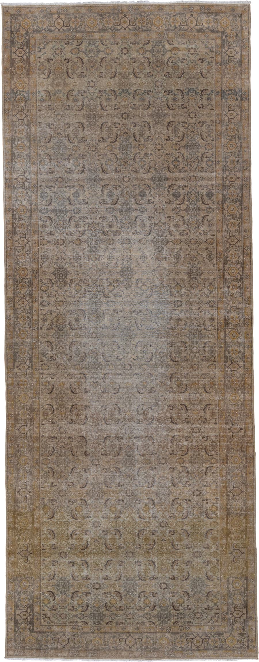 4' x 12' one-of-a-kind handmade antique Sivas runner rug. Color palette: taupe, beige, ivory, gold, slate, camel, brown