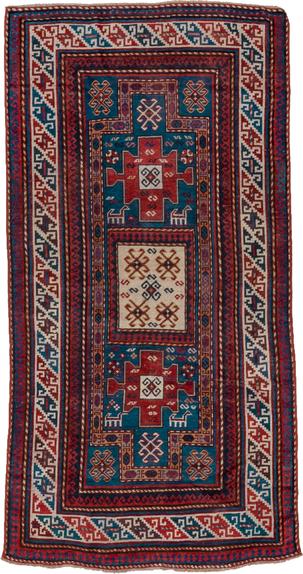 3' x 6' one-of-a-kind handmade antique Kazak runner rug. Color palette: blue, ivory, red, navy, rust, teal, brown