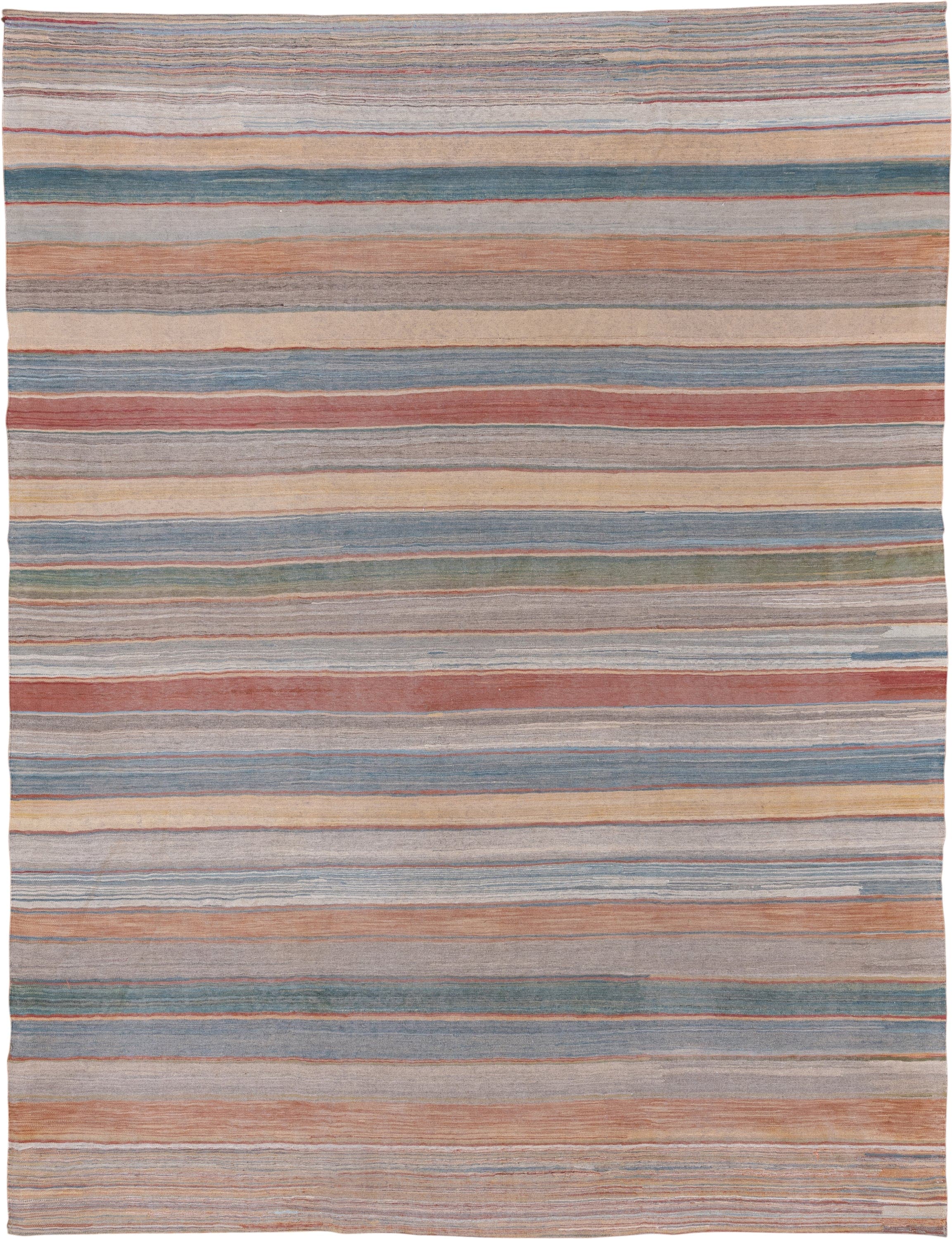 8' x 11' one-of-a-kind handmade vintage Kilim large size rug. Color palette: ivory, muted blue, taupe, blush, sage, sand