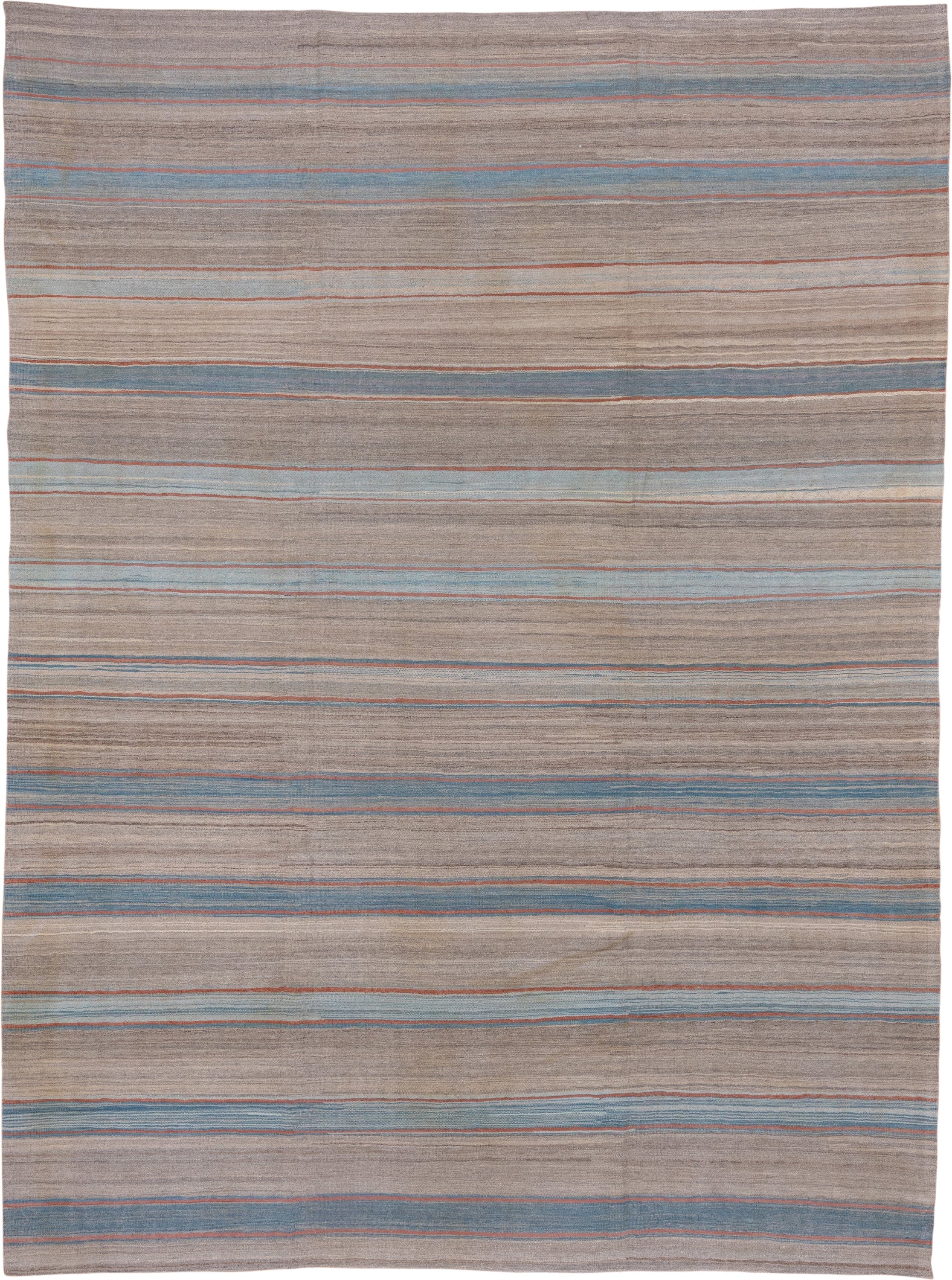 8' x 11' one-of-a-kind handmade vintage Kilim large size rug. Color palette: taupe, sky blue, slate, rust, ivory, beige