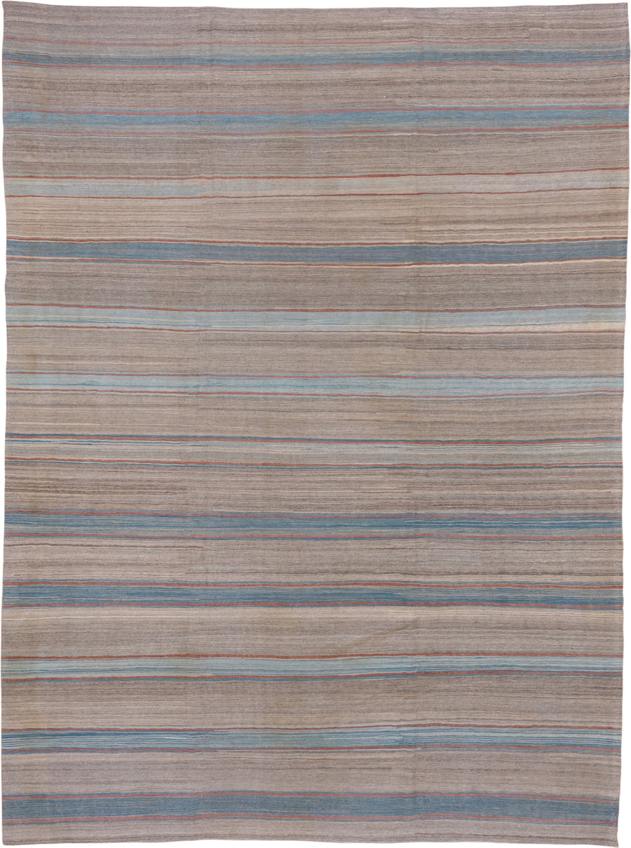 8' x 11' one-of-a-kind handmade vintage Kilim large size rug. Color palette: taupe, sky blue, slate, rust, ivory, beige