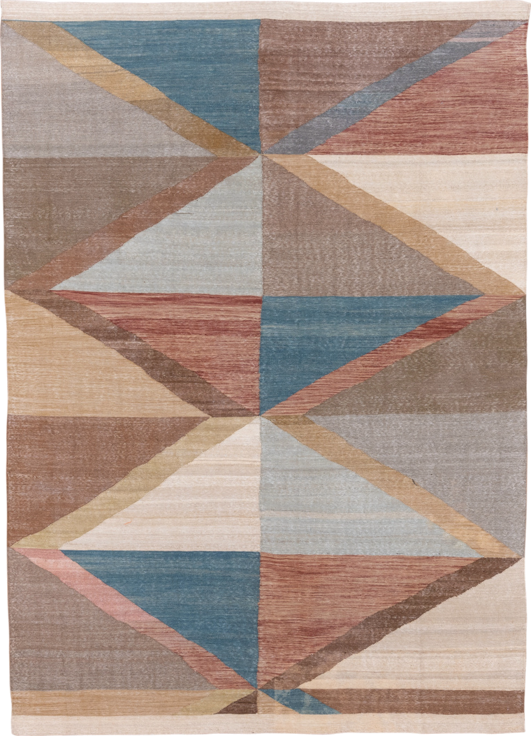 6' x 8' one-of-a-kind handmade vintage Kilim medium size rug. Color palette: taupe, ivory, dusty blue, rose, sand, camel