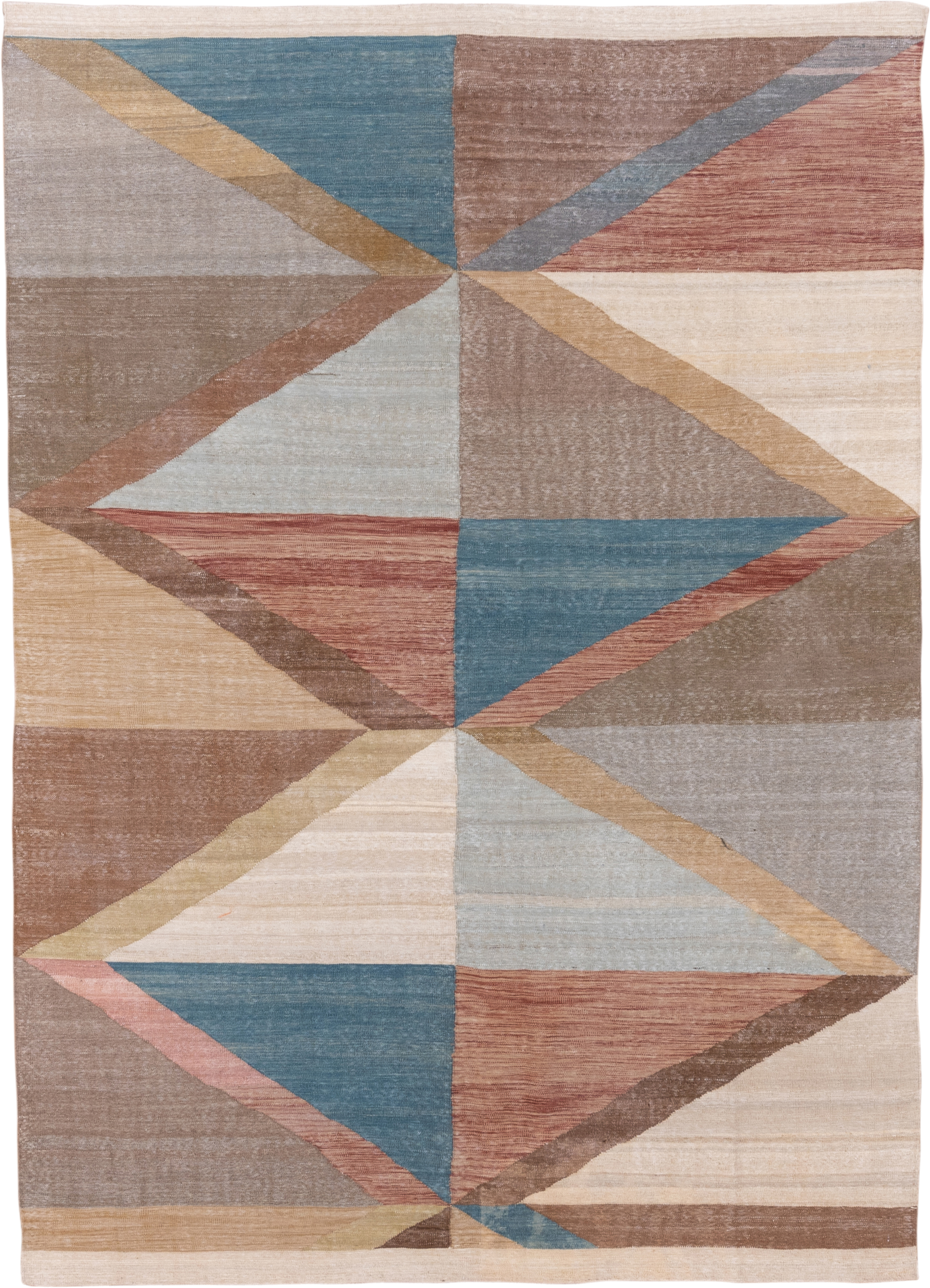 6' x 8' one-of-a-kind handmade vintage Kilim medium size rug. Color palette: taupe, ivory, dusty blue, rose, sand, camel